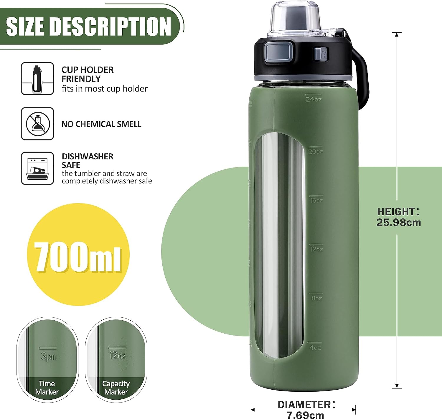 Detalle de BLUEGO 700ml borosilicate glass water bottle with 2 lids and silicone sleeve (BPA-free, olive)