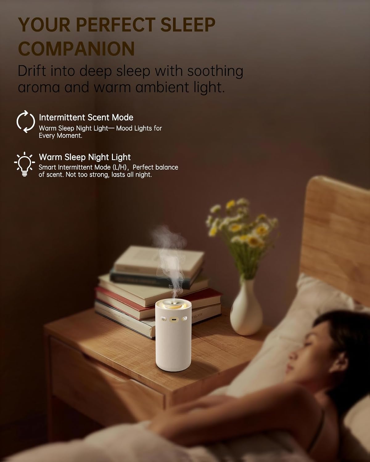 Detalle de Aroma Diffuser Kabellos – Wasserloser Duftzerstäuber mit Stoffbezug, Akku & Warmlicht (Cremeweiß)