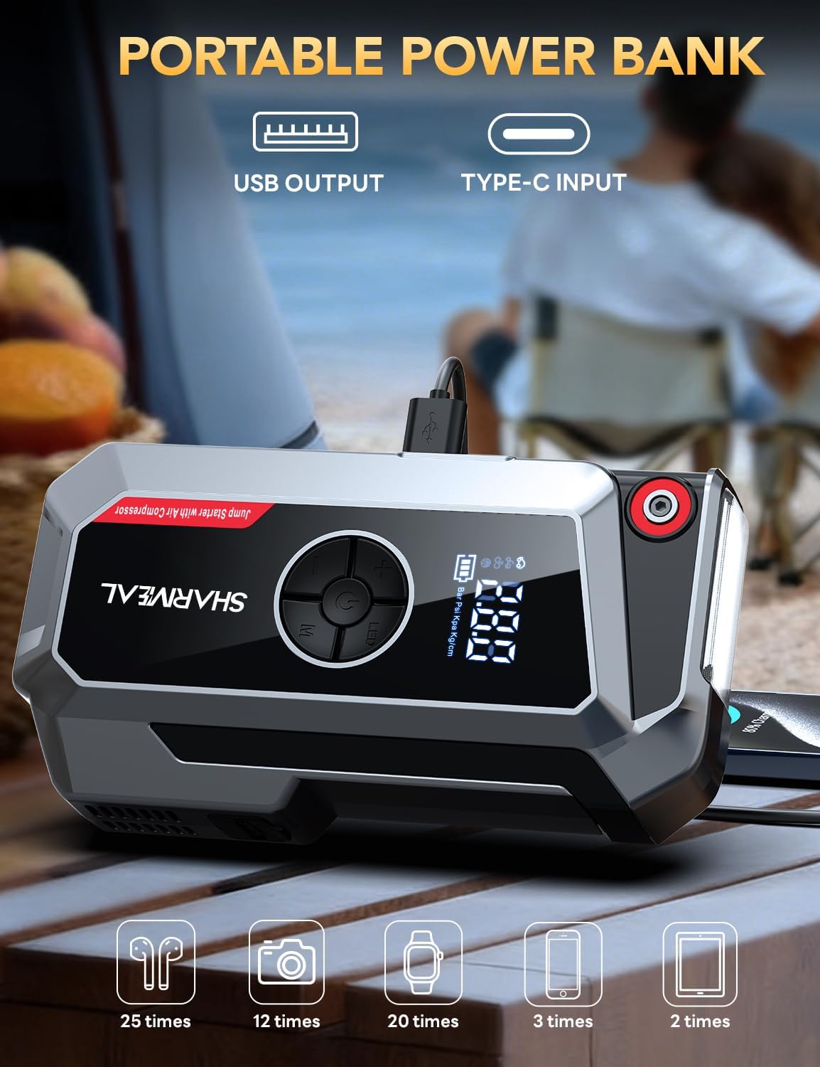 Detalle de SHARMEAL 8000A Jump Starter Power Pack with 250 PSI Air Compressor