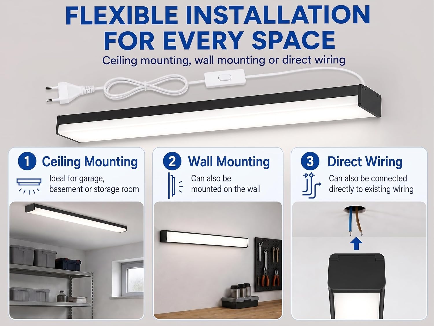 Thumbnail 4 de Full-Screen LED Batten Light 4ft/115cm (2-Pack) with UK Plug & On/Off Switch – Linkable, 33W, 3610lm, 3000K/4000K/6500K