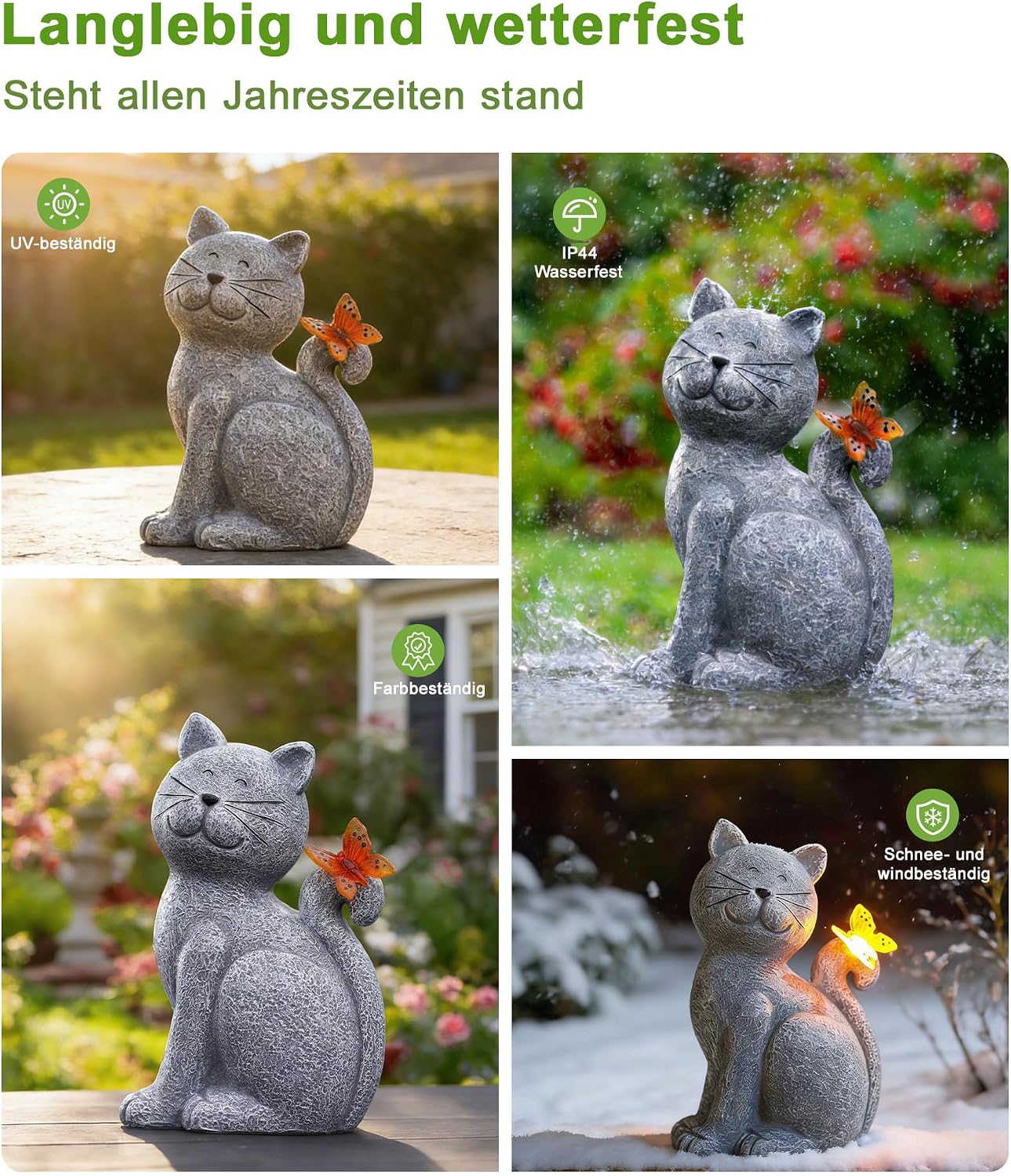 Thumbnail 6 de Yeomoo Katzenfigur mit Solar-Schmetterling aus Harz – Deko für Balkon, Garten & Wohnzimmer (grau)