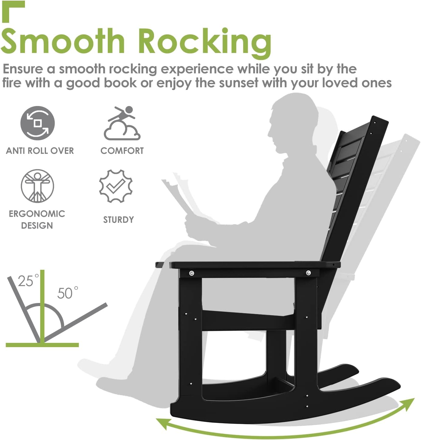 Detalle 2 de GREENVINES GV4 Outdoor Rocking Chairs, Set of 4, Black HDPE, 21.7-Inch Seat