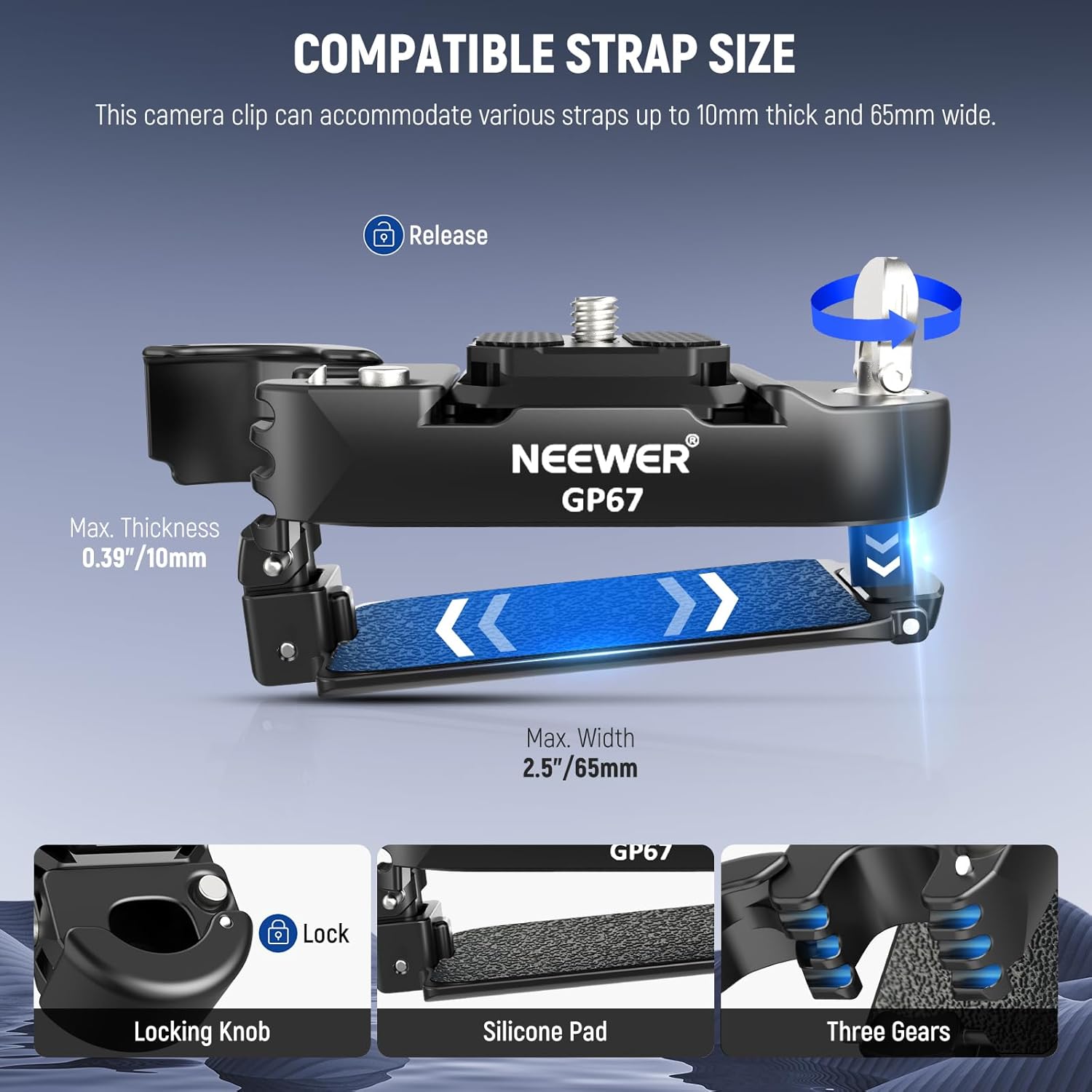 Thumbnail 2 de NEEWER Rucksack-Kamera-Clip mit quadratischer QR-Platte (Peak Design PD QR System kompatibel) für schnellen Wechsel am Gurt