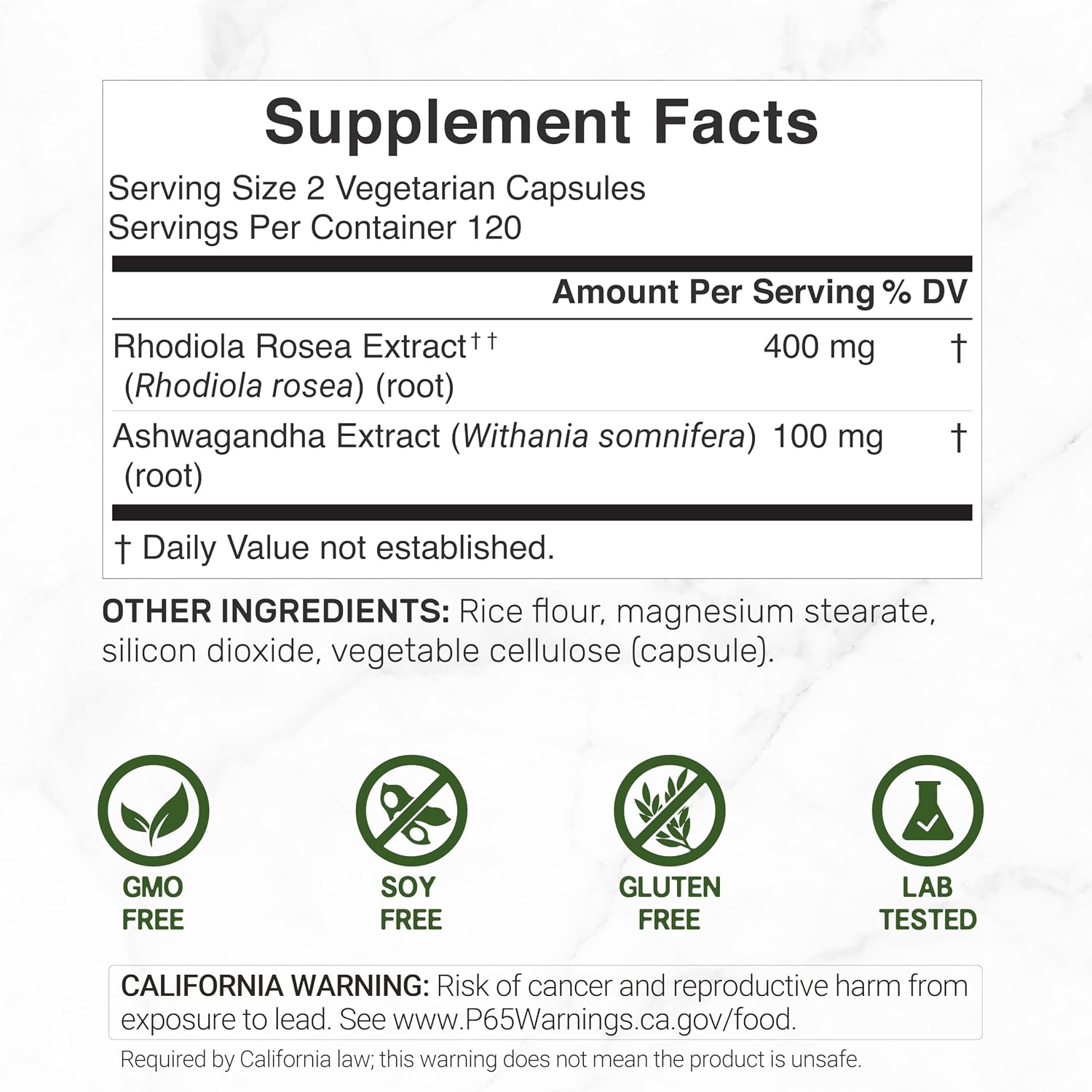 Detalle 2 de DEAL SUPPLEMENT Rhodiola Rosea and Ashwagandha Supplement, 240 Veggie Capsules
