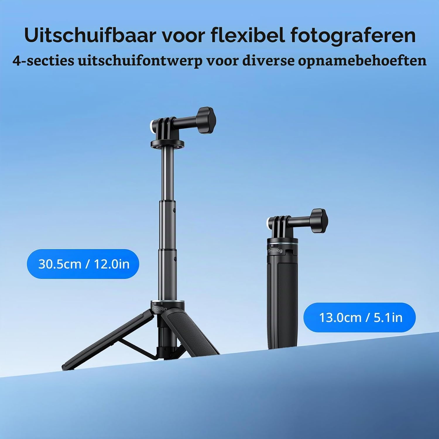 Detalle de SMALLRIG 6148 selfie-stickstatief voor actioncamera's, uitschuifbaar tot 12 inch