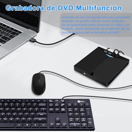 Detalle 2 de Dictien Lector CD/DVD externo 9 en 1 para PC con USB 3.0 y USB-C portátil (CD-ROM/-RW, DVD-ROM/-RW)
