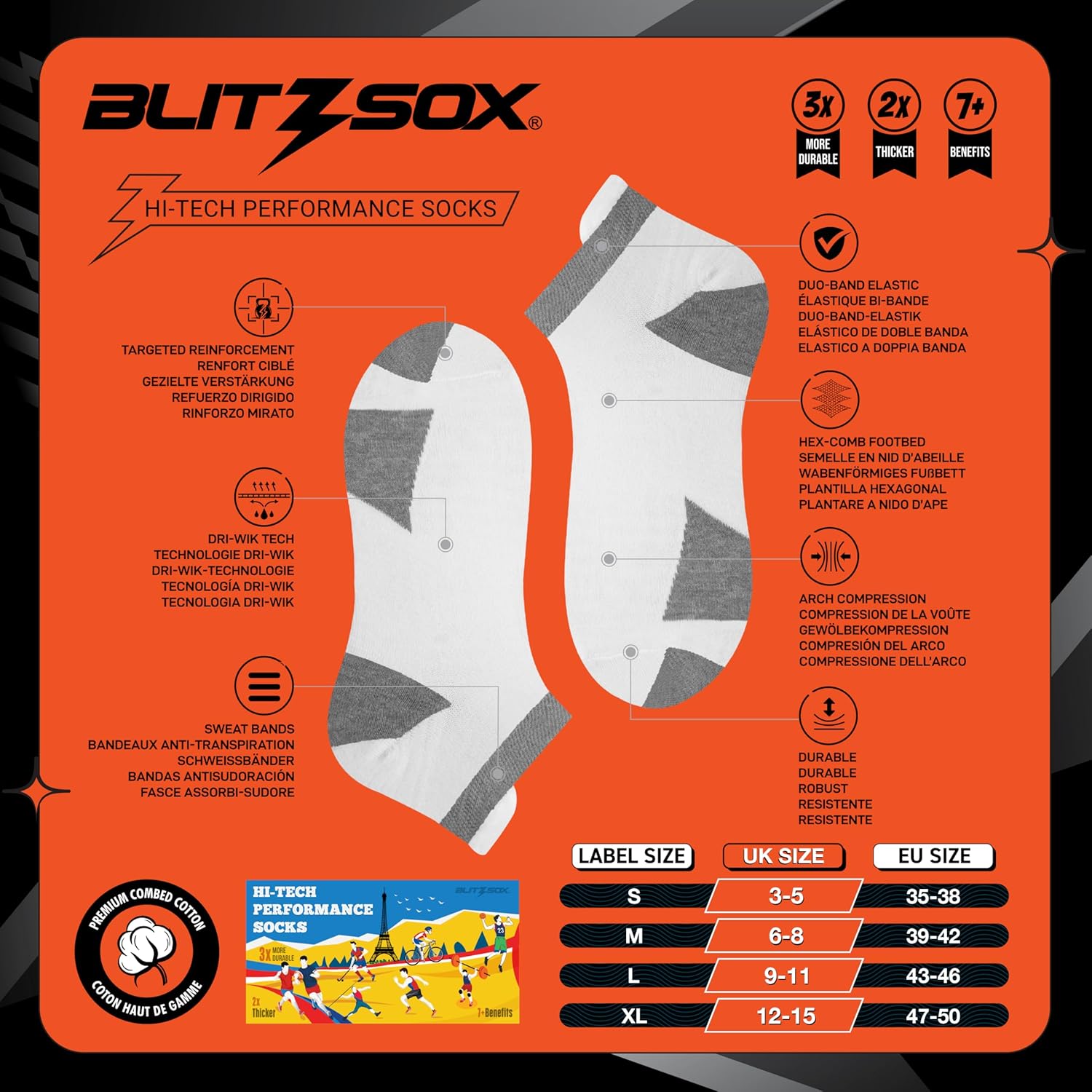 Thumbnail 1 de BLITZSOX Lot de 6 chaussettes de sport homme pour la course à pied – coton respirant et rembourrage