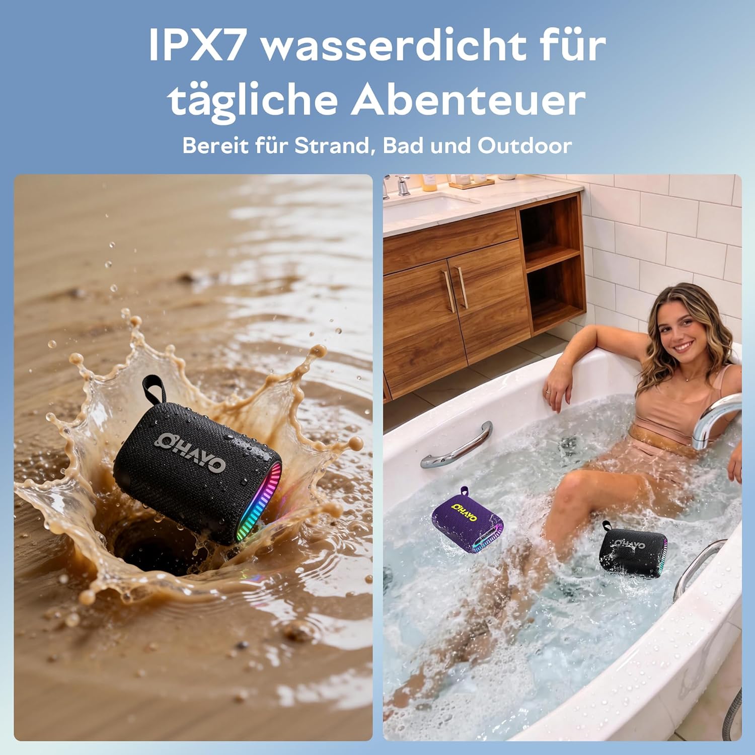 Thumbnail 5 de OHAYO Mini Bluetooth-Lautsprecher mit RGB-Licht – IPX7, 24h Akku, 10 W, Stereo-Paarung