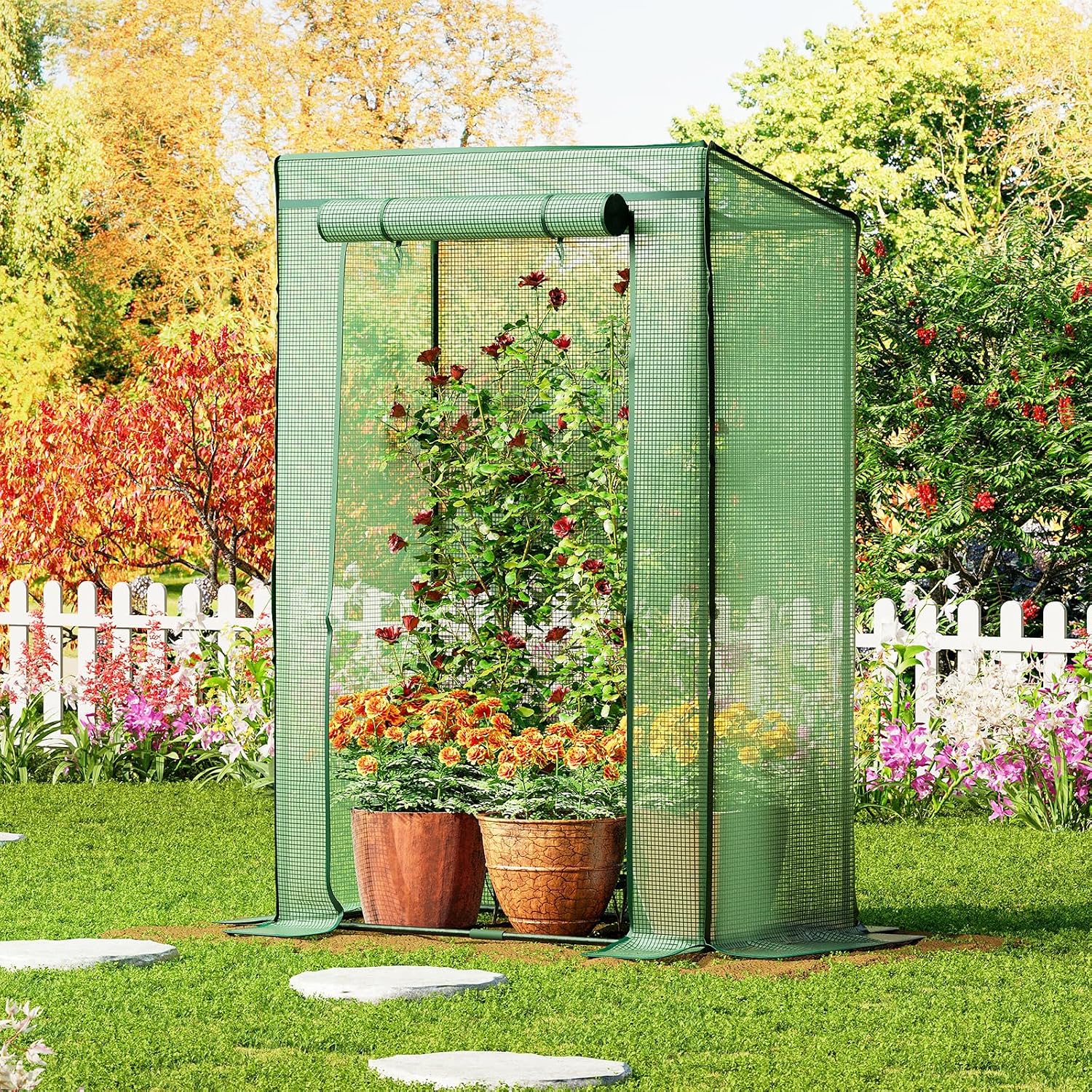 Detalle 2 de LARMNEE Gewächshaus 100 x 50 x 150 cm – stabiles Tomatengewächshaus mit PE-Gitterfolie und Tür zum Aufrollen