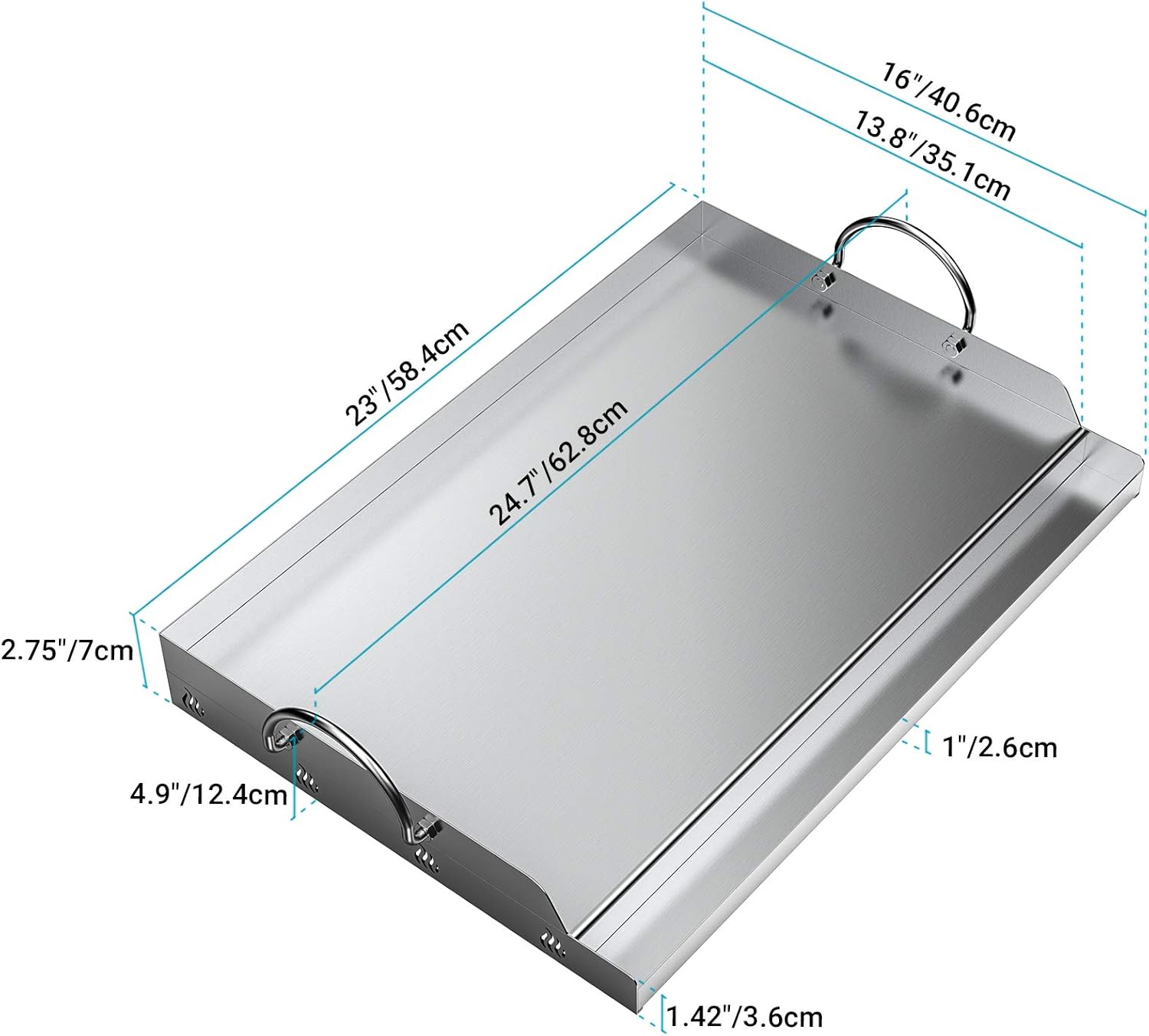 Detalle 2 de onlyfire Stainless Steel Rectangle Griddle Plancha (62.8x40.6x7cm) for BBQ gas and charcoal grills