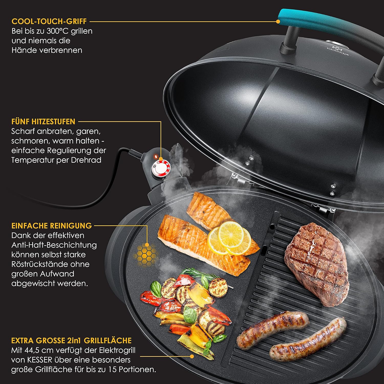 Thumbnail 5 de KESSER® 2in1 Elektrogrill Tischgrill & Standgrill mit Deckel, Thermometer und XXL-Grillplatte (max. 2.400 Watt)