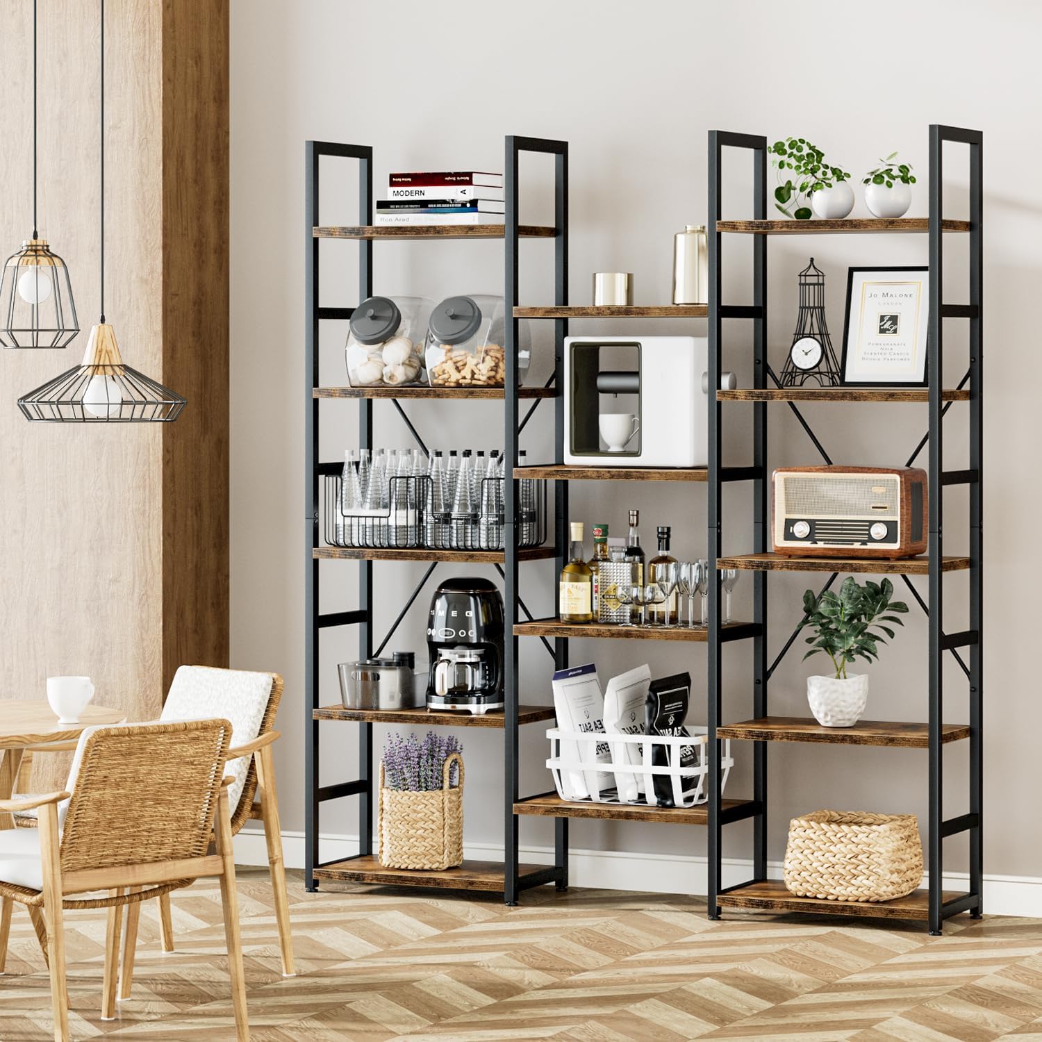 Detalle de NUMENN Triple Column 5 Tier Bookshelf: 14 Open Shelves, Adjustable Rustic Industrial Display