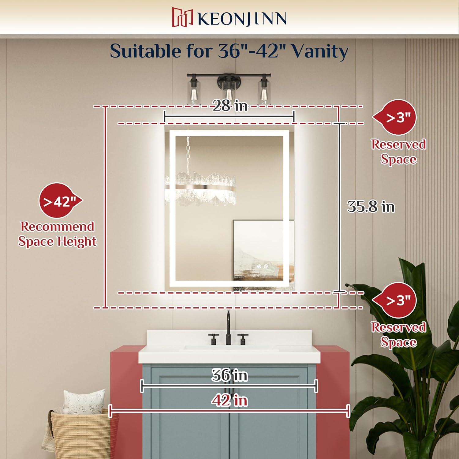 Detalle de Keonjinn LED Bathroom Mirror 28 x 36 Inch: Frontlit & Backlit, Anti-Fog with 3 Color Lights