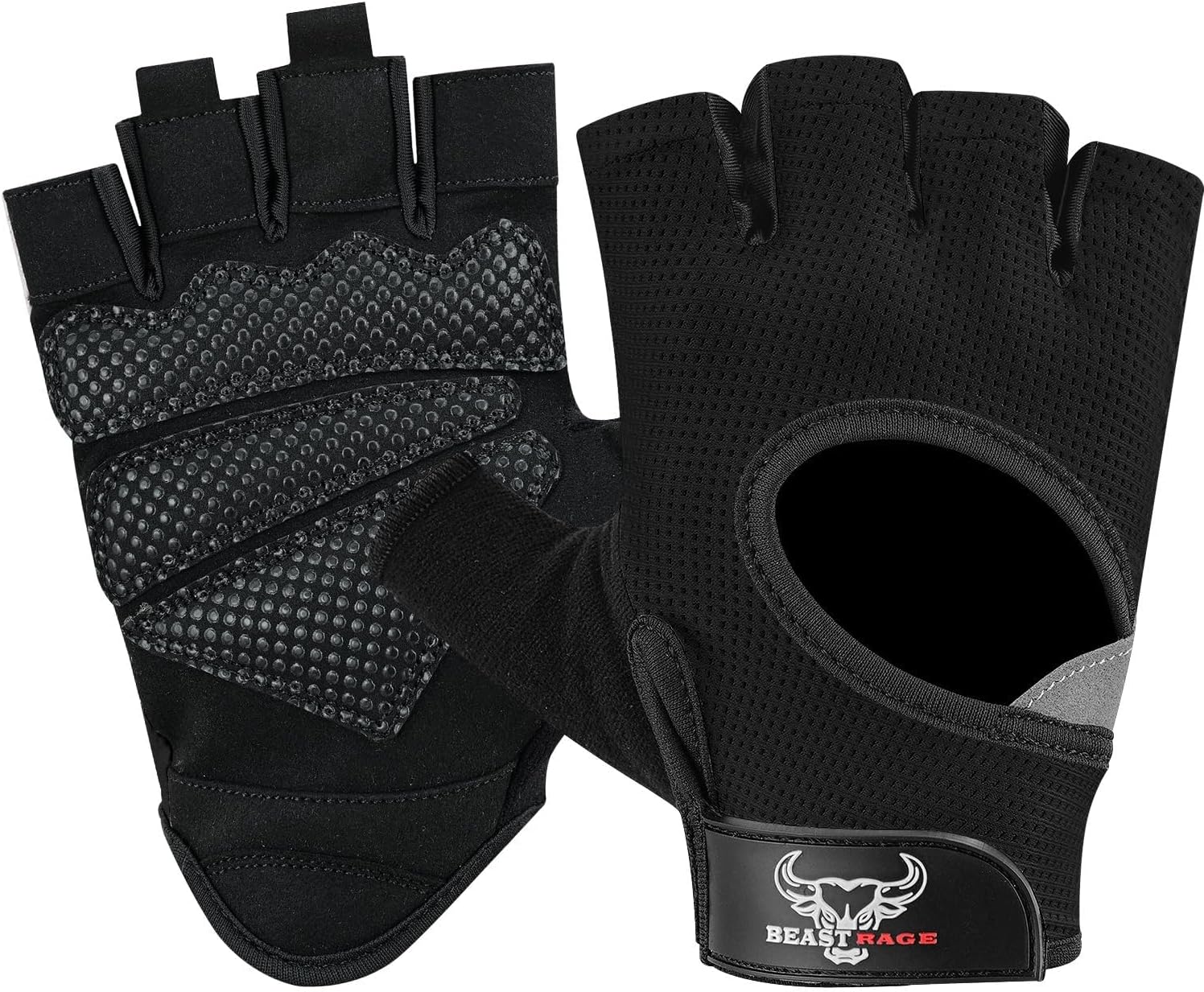 Detalle de BEAST RAGE Fingerless Workout Gloves, Large Mesh Design with Padded Palms