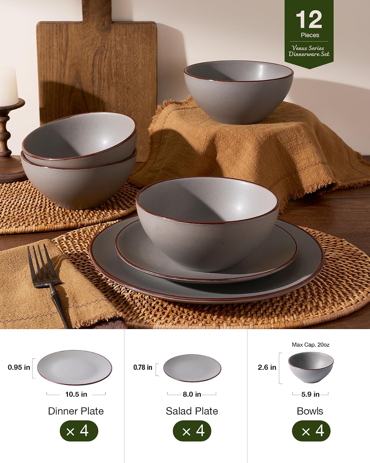 Detalle de Famiware Venus Plates and Bowls Set with Trim – 12 Pieces, Matte Dark Gray Stoneware