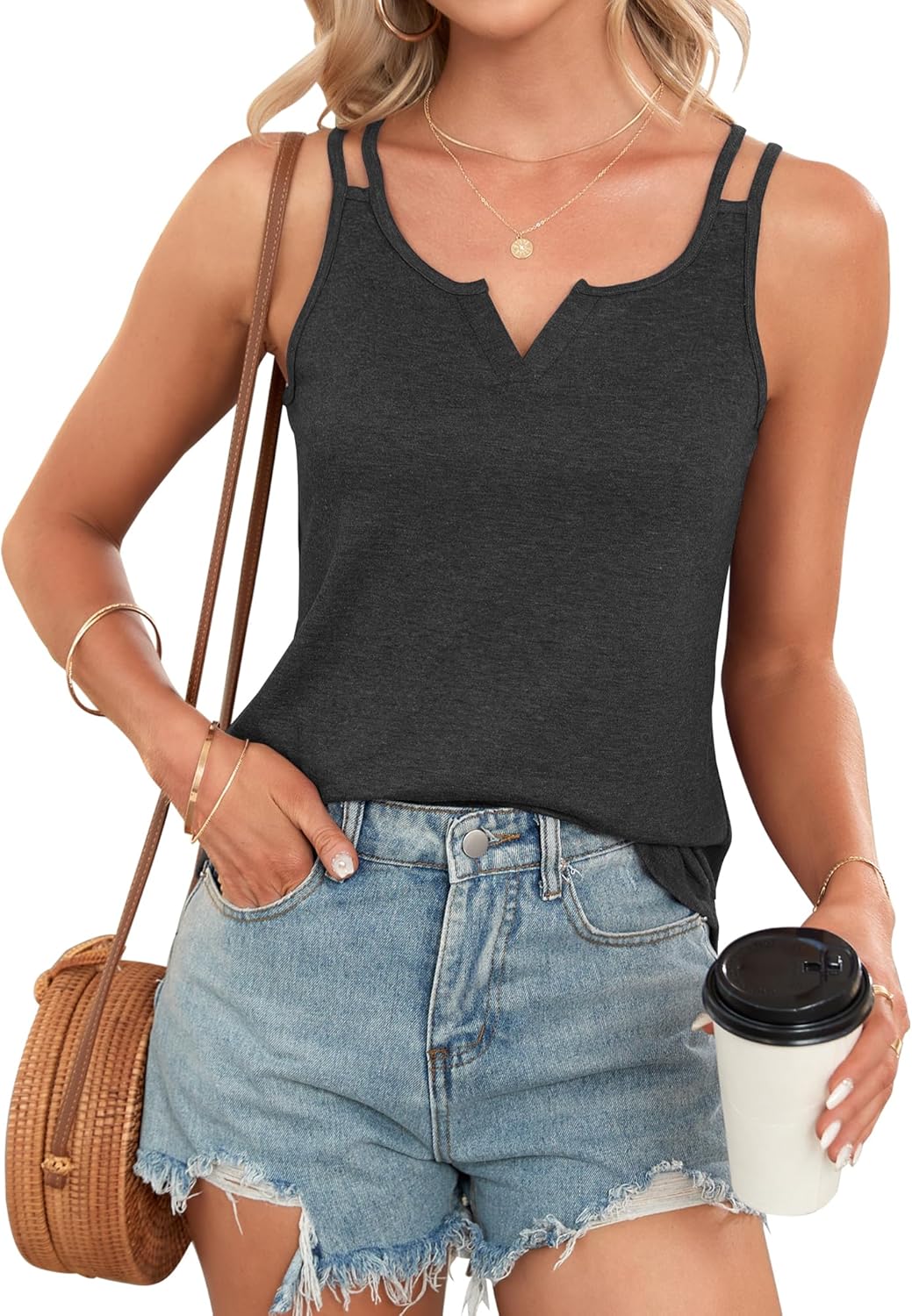 Thumbnail 3 de WNEEDU Tank Top Damen mit Spaghettiträgern und Mini-V-Ausschnitt