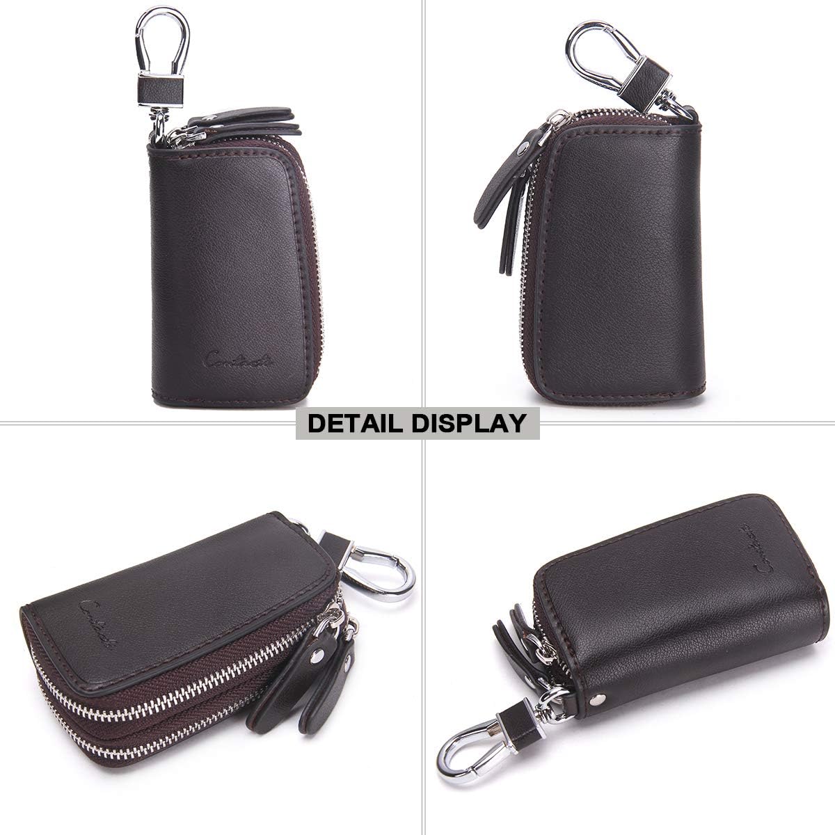 Thumbnail 3 de Contacts Genuine Leather Double Zipper Car Key Case Holder (Coffee)