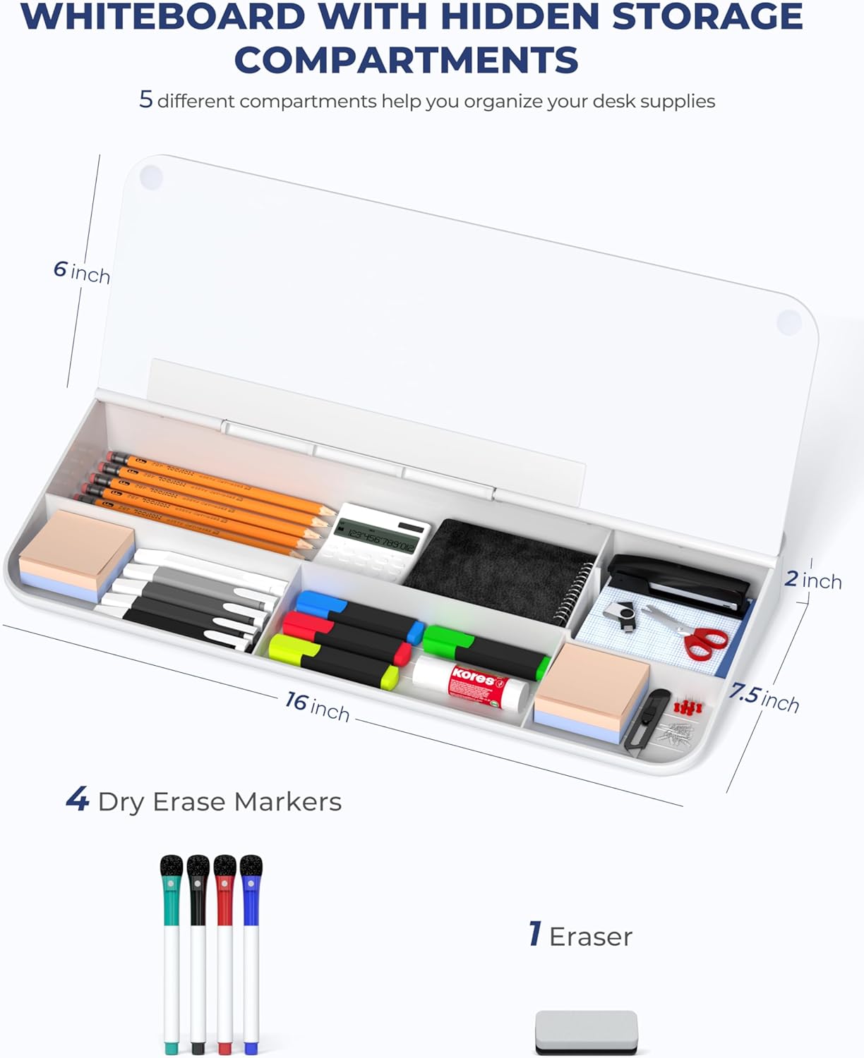 Detalle 2 de Nicpro Glass Desktop Whiteboard with Storage (40x18cm) – Small Magnetic Glass Board with 4 Pens, Eraser and Keyboard Stand