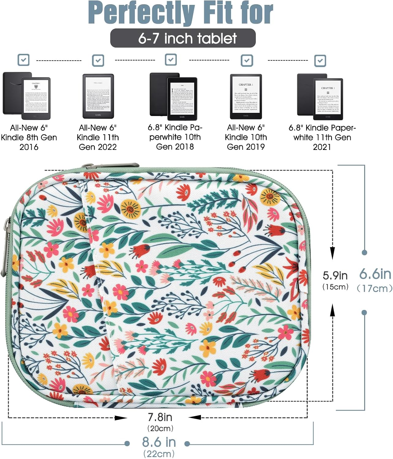Detalle de TiMOVO 6-7 Inch Tablet Sleeve for eReader (Flowers) – Durable Polyester Protective Case with Multiple Pockets