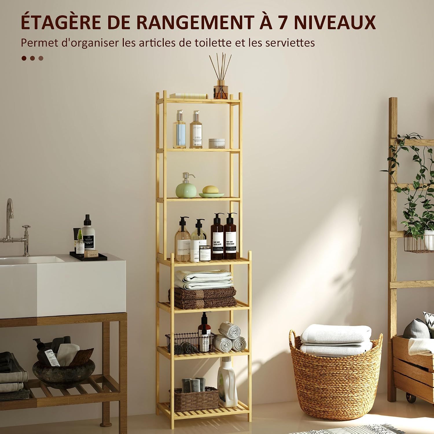 Thumbnail 3 de HOMCOM Étagère Salle de Bain 7 Niveaux Bambou Bois Naturel