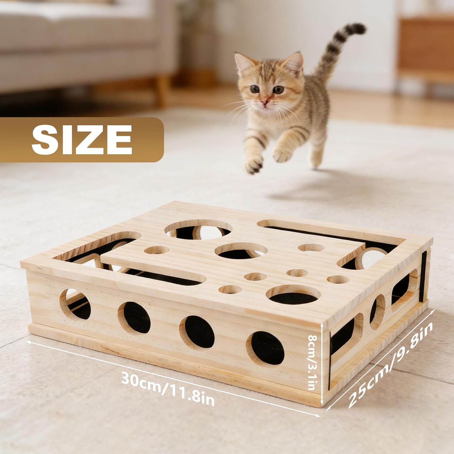Detalle de Cat Scratch Puzzle Enrichment Box: Interactive Wooden Maze for Indoor Cats (30×25×8cm)