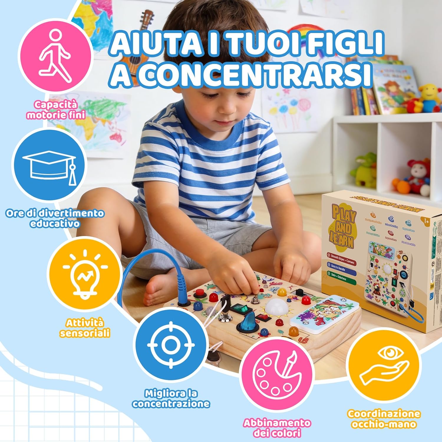 Thumbnail 4 de Konijiwa Dinosaur Busy Board Montessori in legno con 10 interruttori e 23 luci LED (da 1 anno)