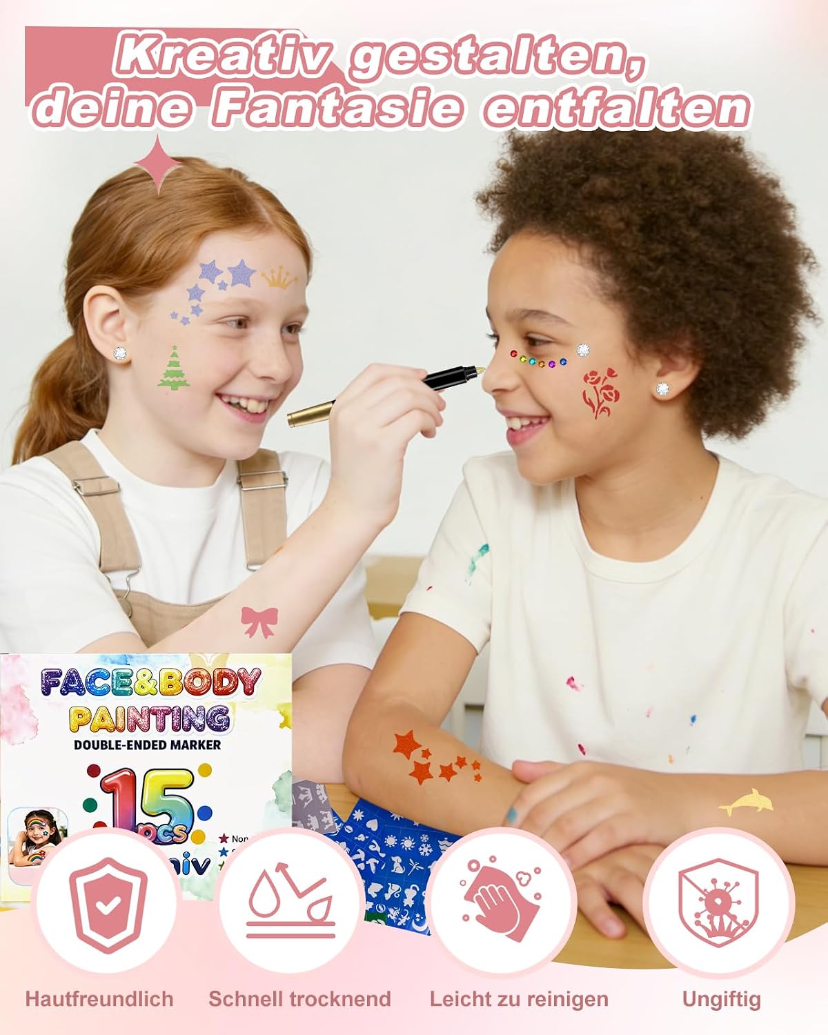 Detalle de Oiovnivn Tattoo Stifte Kinder – Glitzer-Set Dual-End mit 15 Markern, 78 Schablonen und 2 Gesichtsstickern