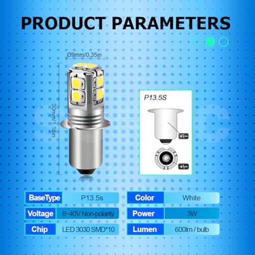 Detalle de SOFOC P13.5s Lampada LED 3W 600LM Bianco, Ampia Tensione 6‑40V per Torcia, Bici, Campeggio