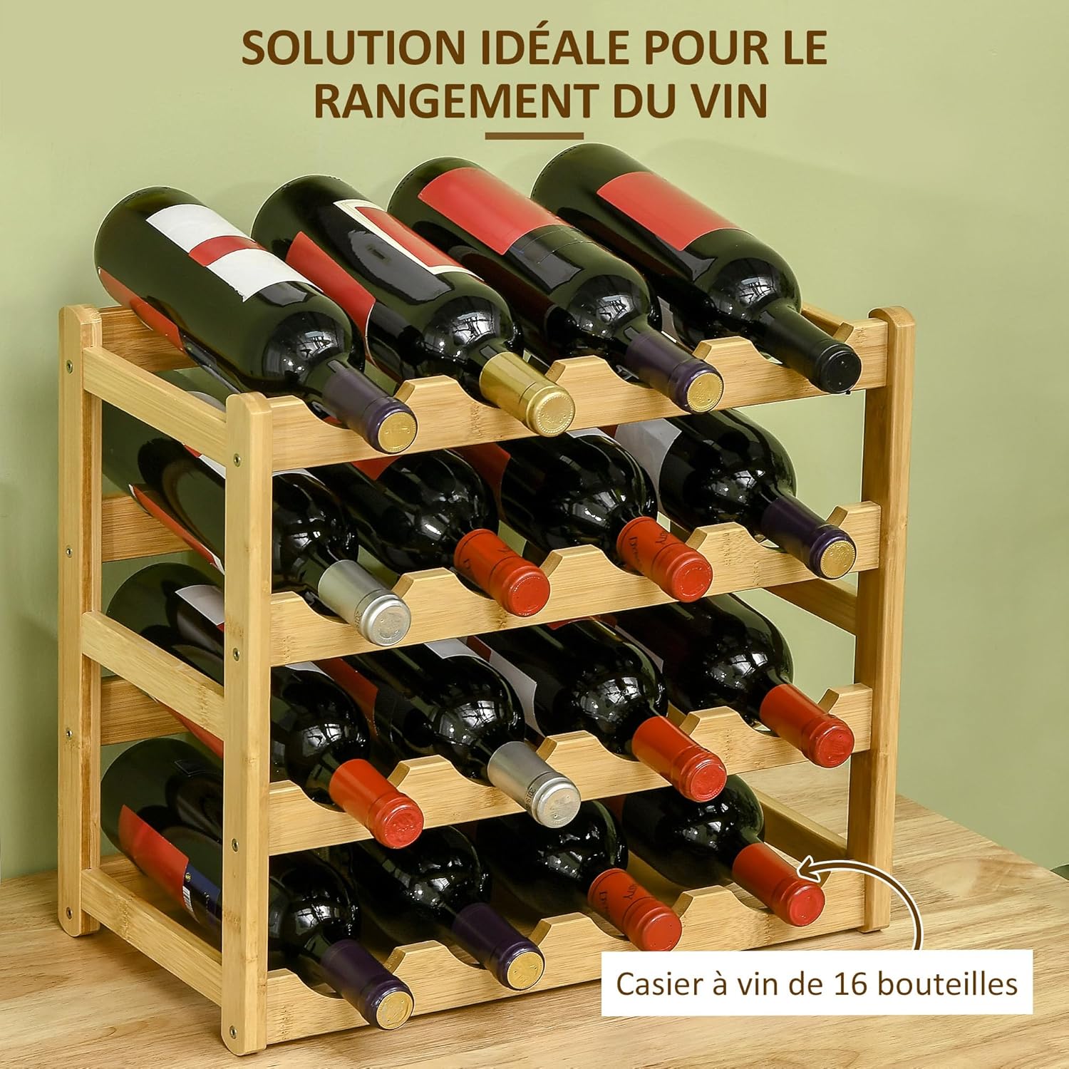 Thumbnail 3 de HOMCOM Étagère à Bouteilles de vin pour 16 bouteilles en bambou naturel – design compact et robuste