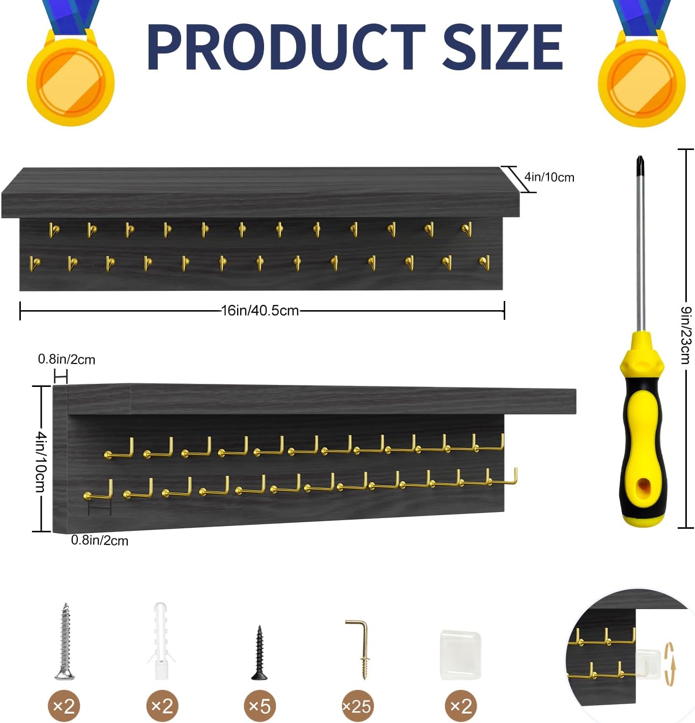 Thumbnail 4 de DSVENROLY Medal Hanger Wooden Display Shelf with 25 Steel Hooks