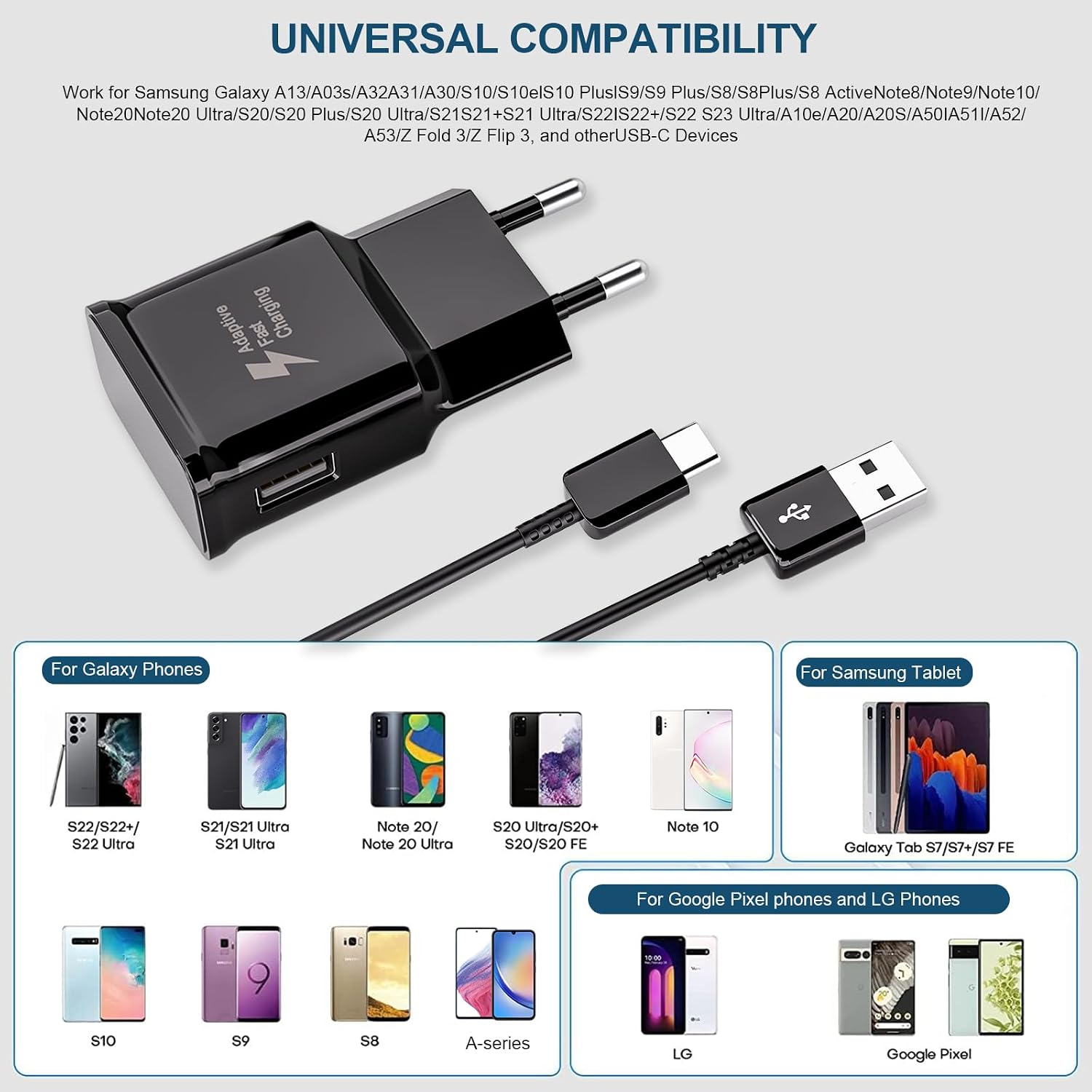 Detalle de Schnelles USB-Ladegerät mit 2 m USB-C Kabel – kompatibel mit Samsung Galaxy Serien (A, S, Note) und mehr