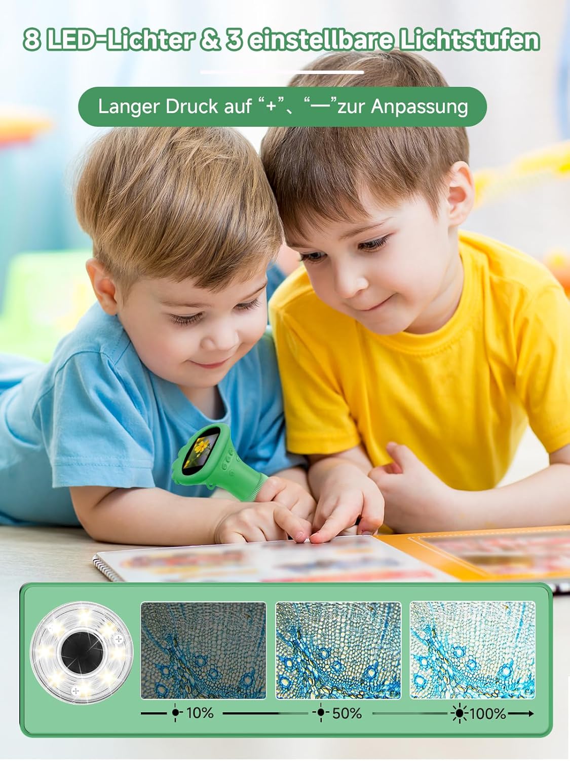 Thumbnail 2 de Acoath Mikroskop für Kinder – digitales Taschenmikroskop mit 2,0-Zoll-IPS-Display, 200x und 8 LED-Lichtern (grün)