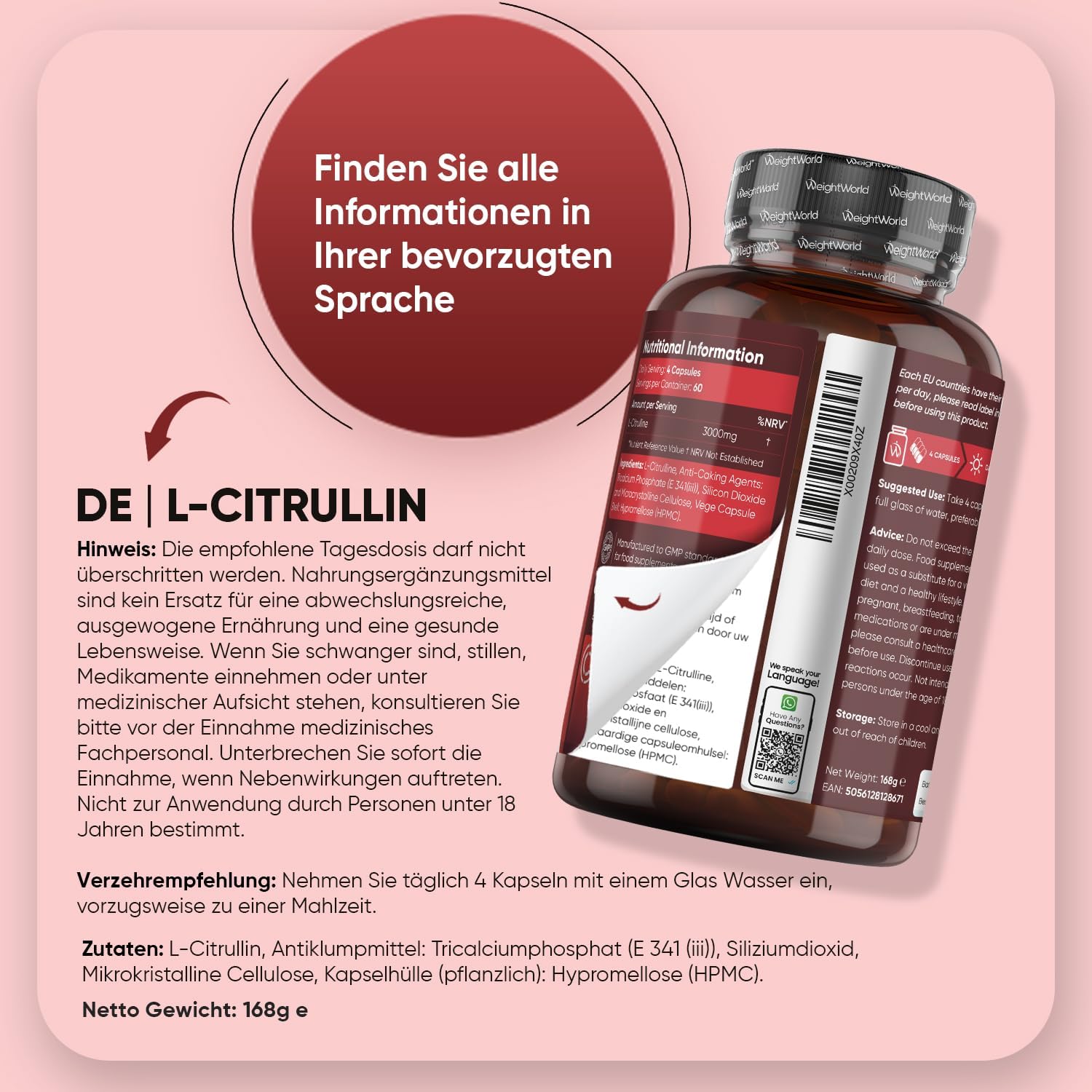 Thumbnail 3 de L-Citrullin 3000 mg pro Portion – vegane Citrulline Kapseln (240 Stück) von WeightWorld