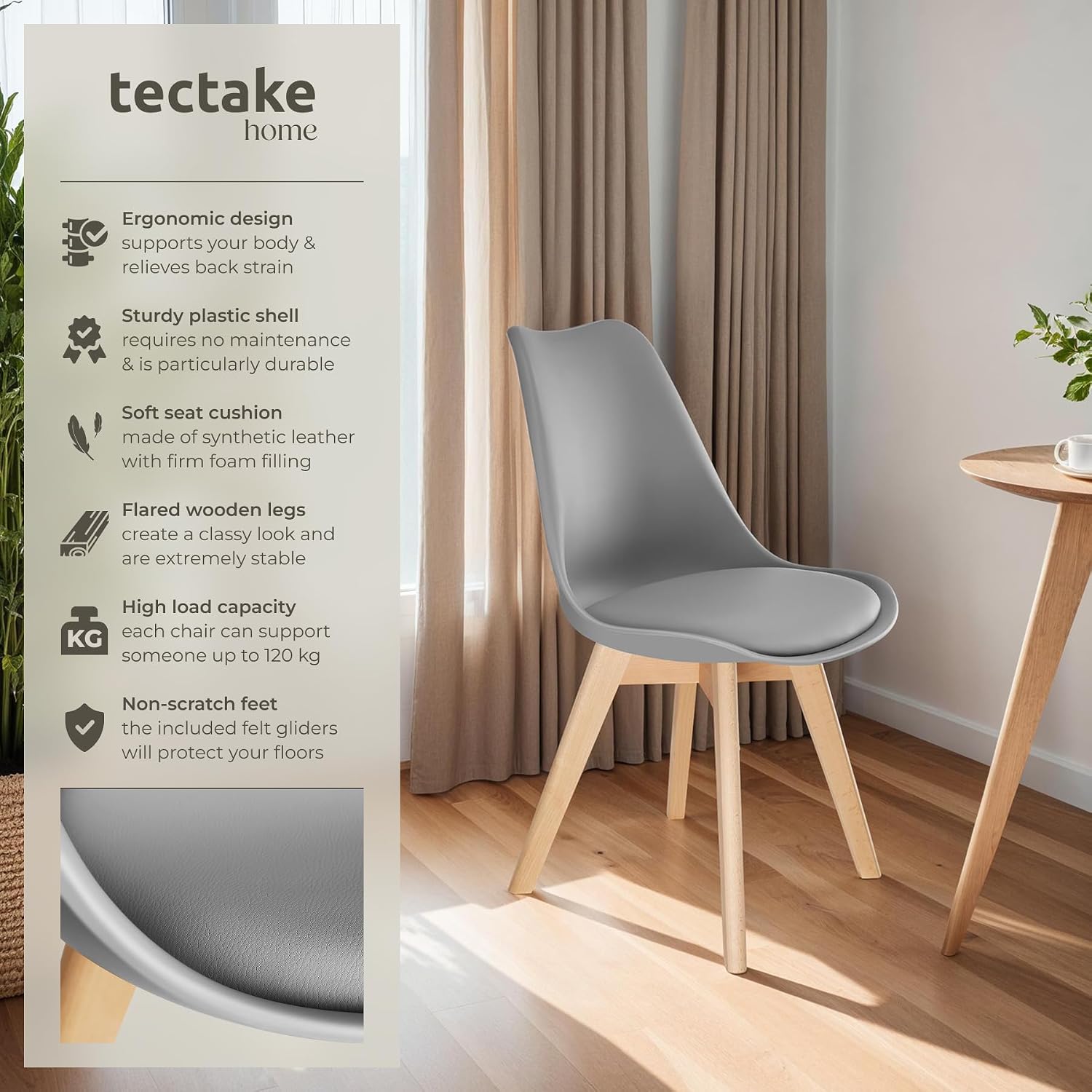 Detalle 2 de tectake 406094 matstolar, 4-pack med stoppad skålsits och ben i almträ
