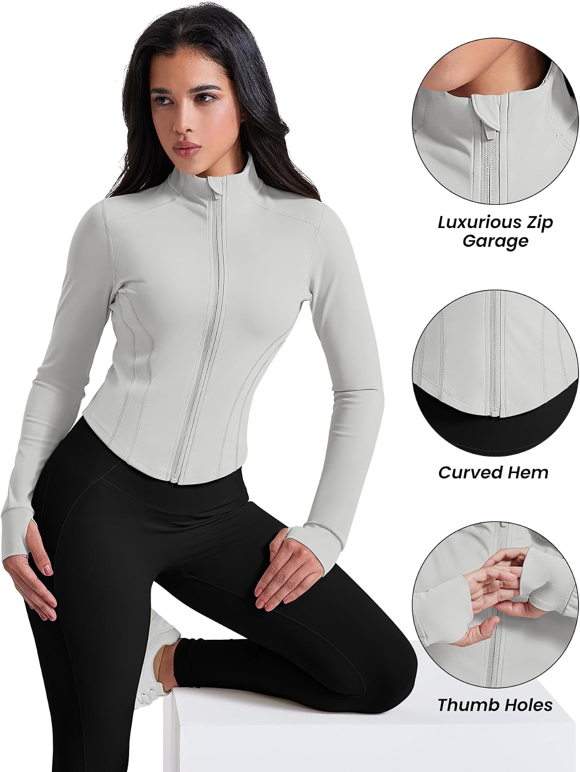 Detalle de AVGO Cropped Workout Jacket for Women, Full Zip, Thumb Holes and Curved Hem