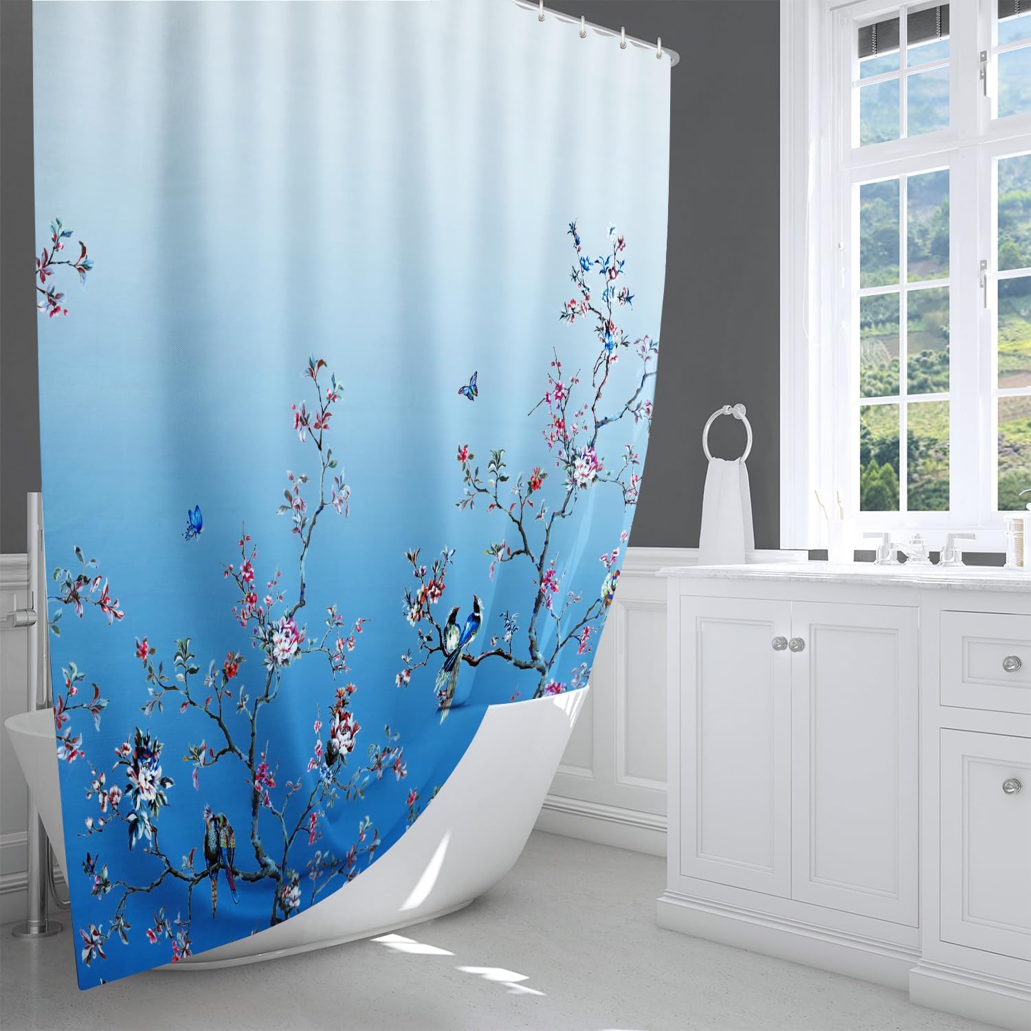 Thumbnail 4 de LIVETTY Ombre Blue Bird Extra Long Shower Curtain 200cm × 200cm with 12 Hooks