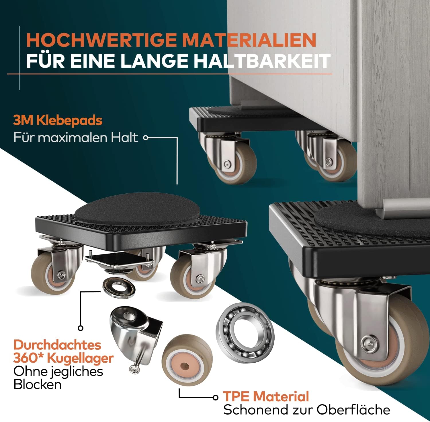 Detalle de FairMO Möbelheber für schwere Möbel – 4 Möbelroller und 1 Lastenheber (Anti-Rutsch-Pads) | Schonende Transportrollen aus TPE