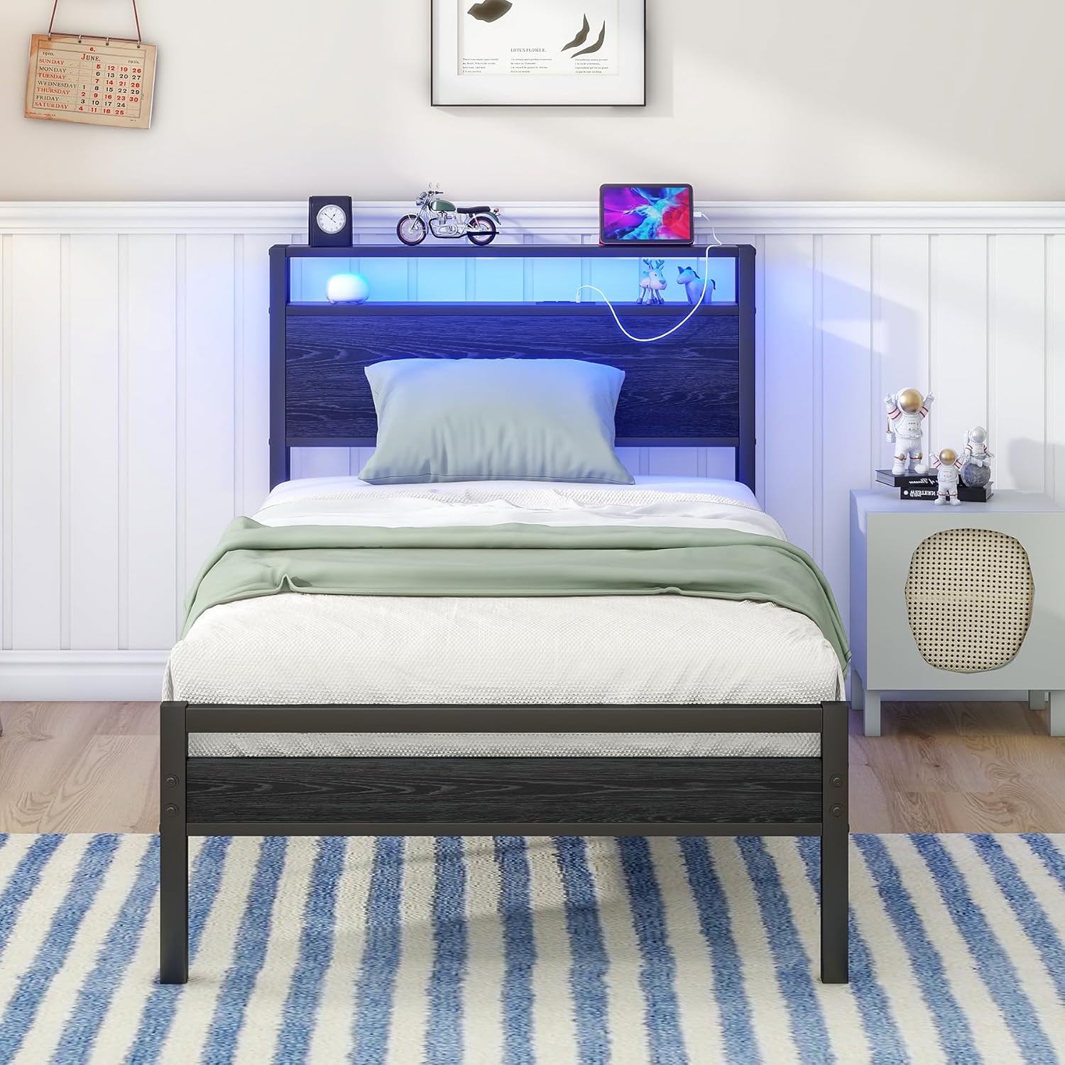 Detalle de HOJINLINERO Telaio per letto 90x200 cm in metallo e legno con scomparti, ricarica USB e LED