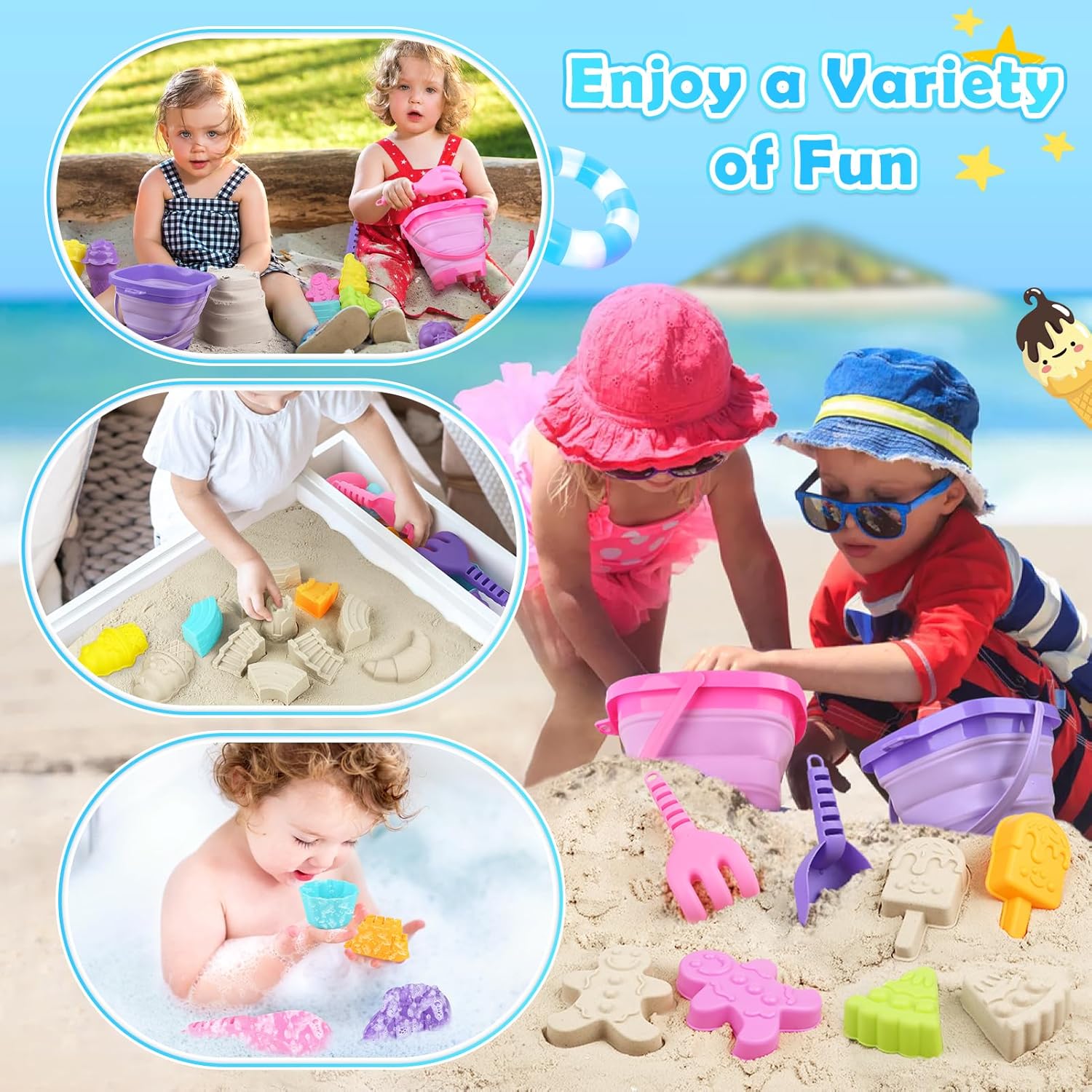 Thumbnail 5 de Joyreal 49-teiliges Sandspielzeug-Set „Eis“ für Kinder (Strand, Sandkasten) mit Schaufel, faltbaren Eimern und Sandformen