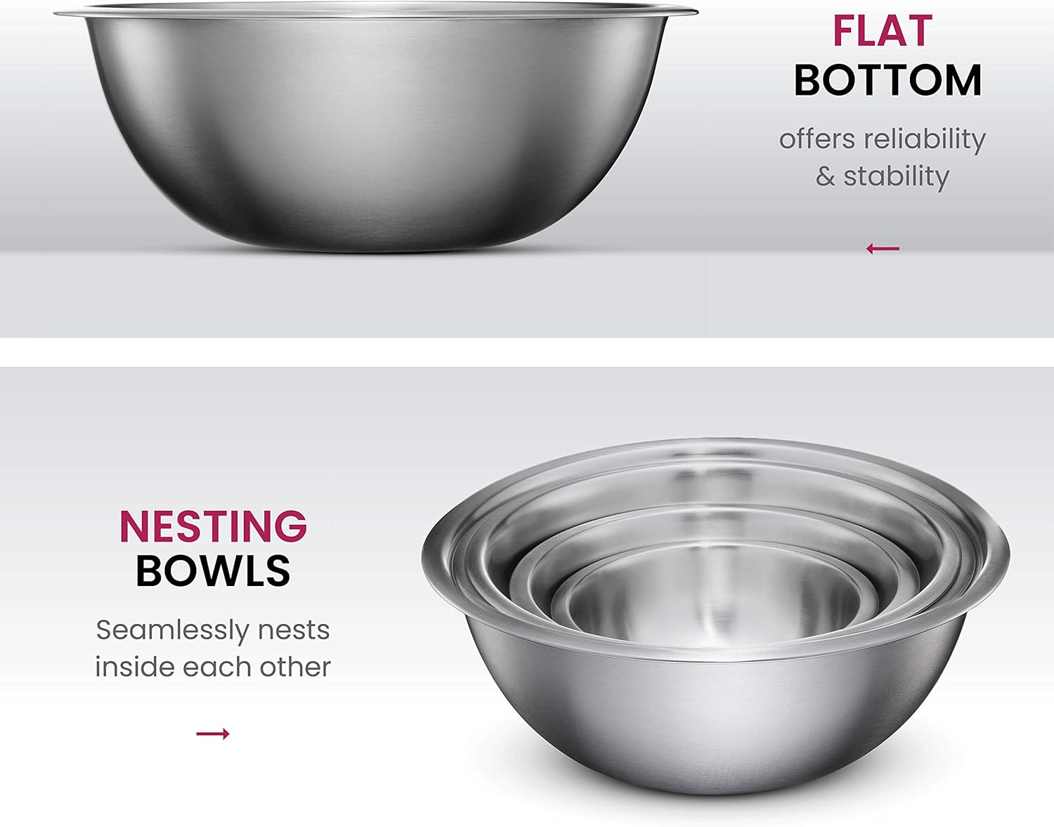 Detalle de FineDine Stainless Steel Mixing Bowls Set, 6-Piece (½–5 qt) – Nesting, Dishwasher Safe