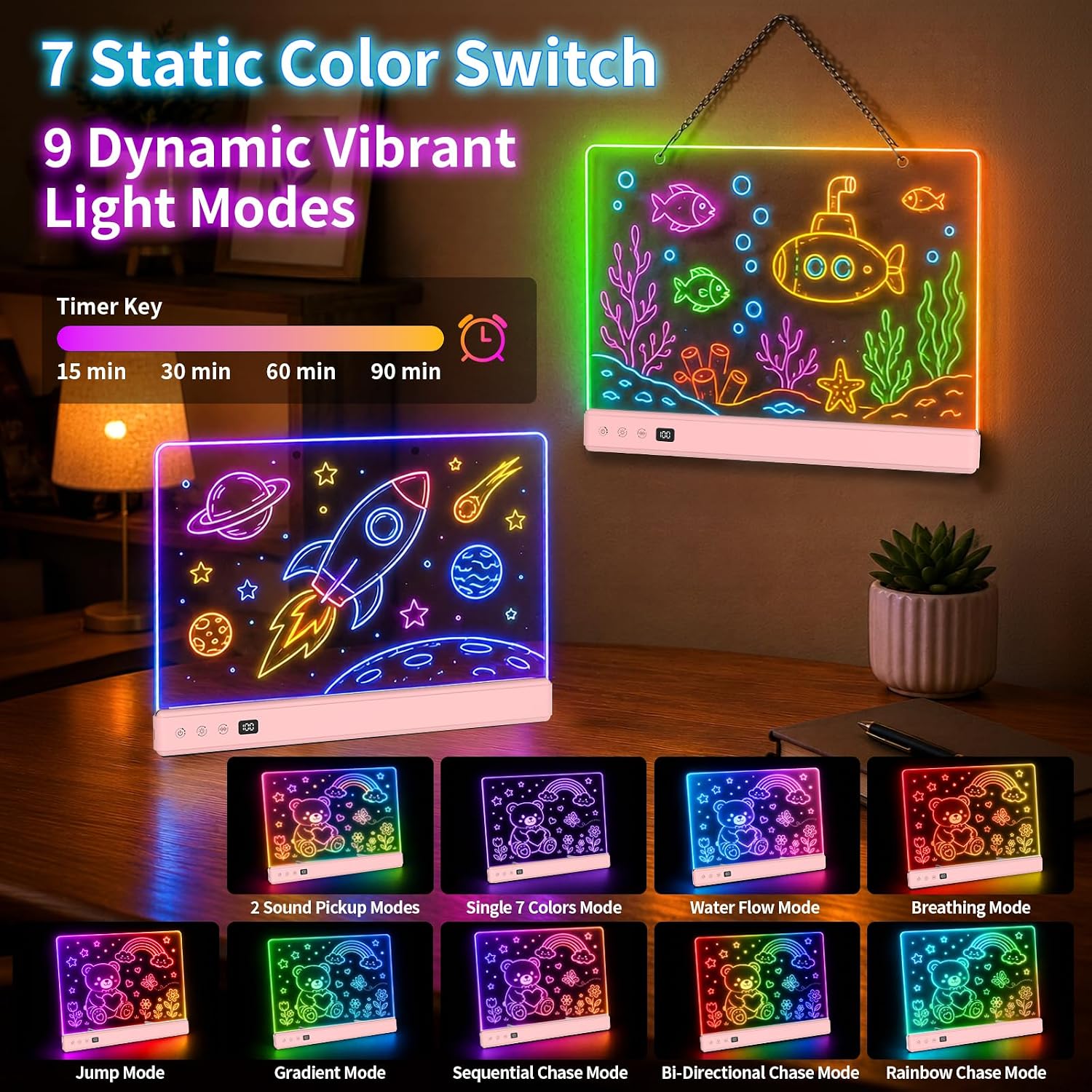 Detalle de TOHETO LED-tekenbord voor kinderen, oplaadbaar met 7 RGB-kleuren en 9 lichtmodi