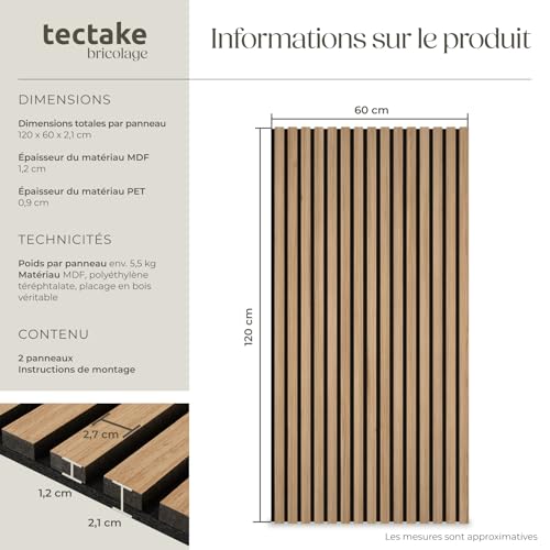 Detalle de tectake – Lot de 2 panneaux acoustiques muraux et plafond en MDF avec placage bois