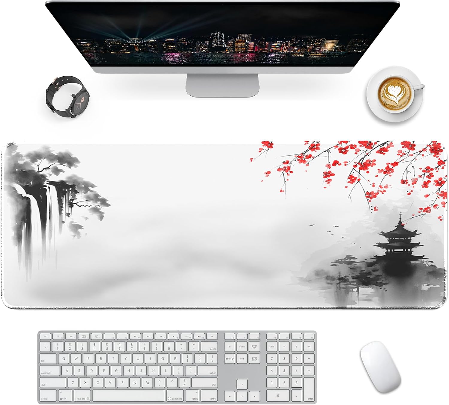 Giecy Tapis de souris gaming XXL 800 x 300 mm « Cascade Zen » avec base antidérapante