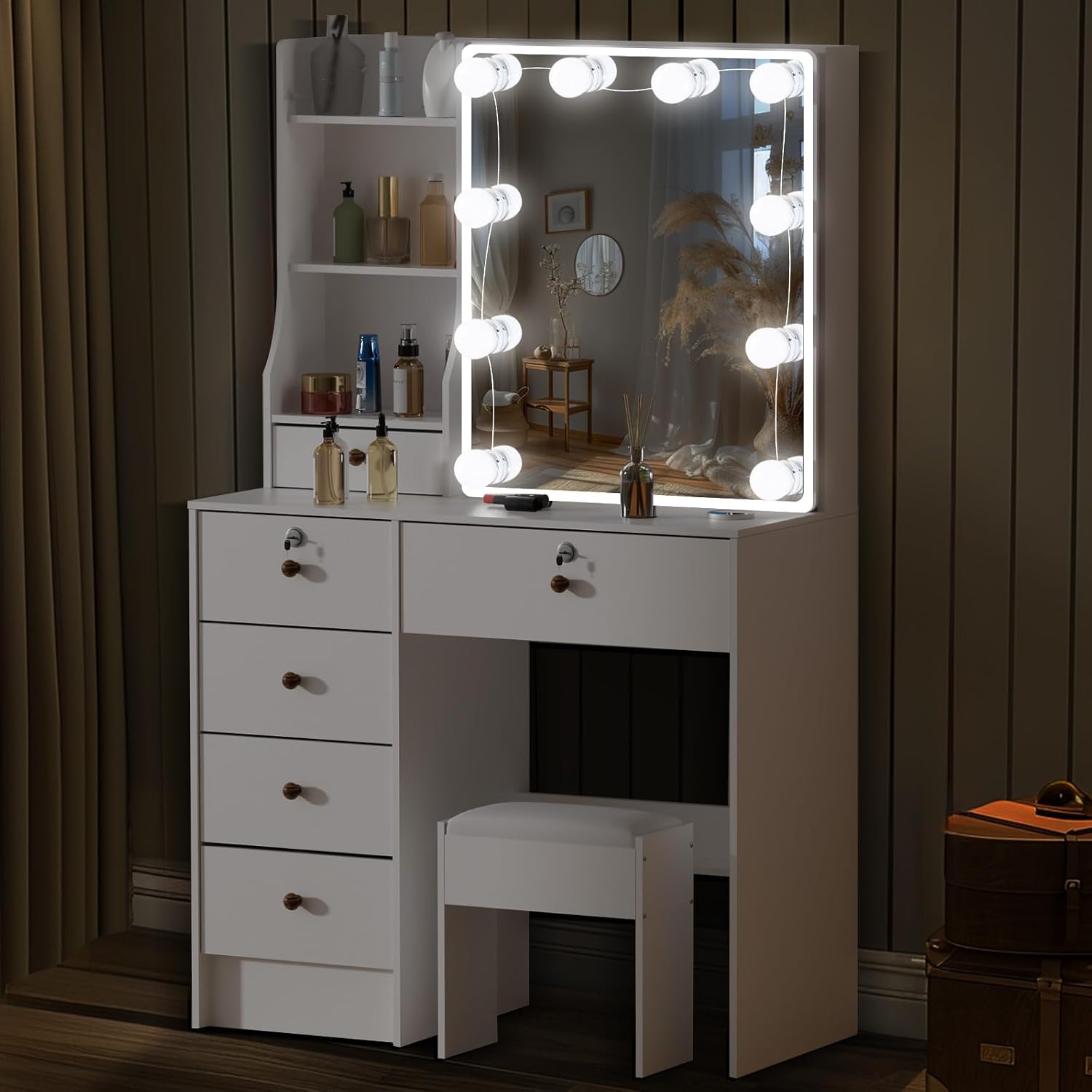 Detalle 2 de Dradaomull 15 sminkbord med LED-spegel, 10 lampor och 6 lådor