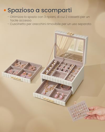 Detalle de SONGMICS HOME ANAH Collezione - Scatola Portagioie 3 Ripiani con Specchio, 2 Cassetti, PU con Cucitura, 21,5 x 24 x 15,8 cm, Bianco Nuvola