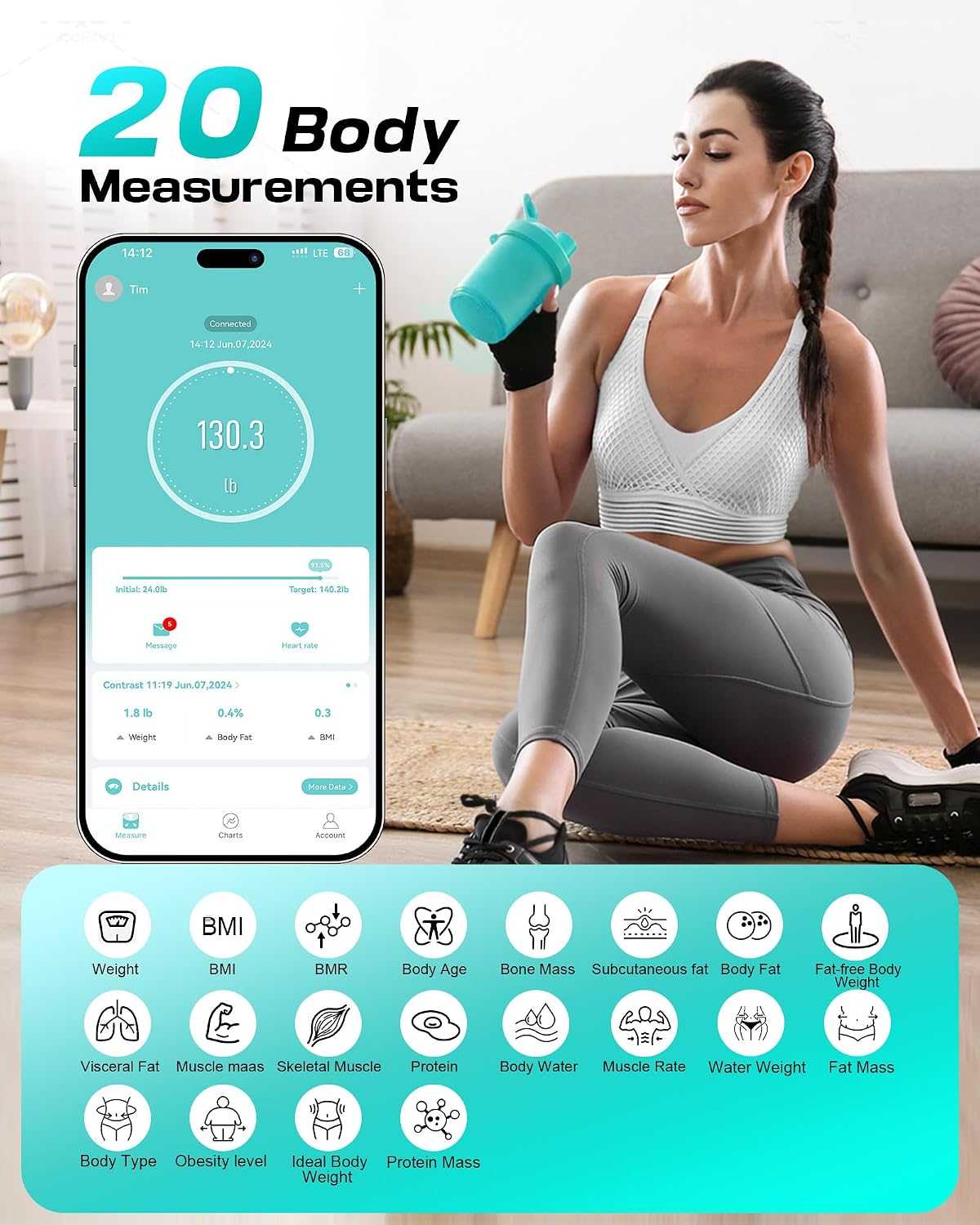 Detalle de Body Fat Scales with 4-Electrode BIA (180kg) + Fitdays App — Smart Bathroom Scales for BMI, Visceral Fat & More