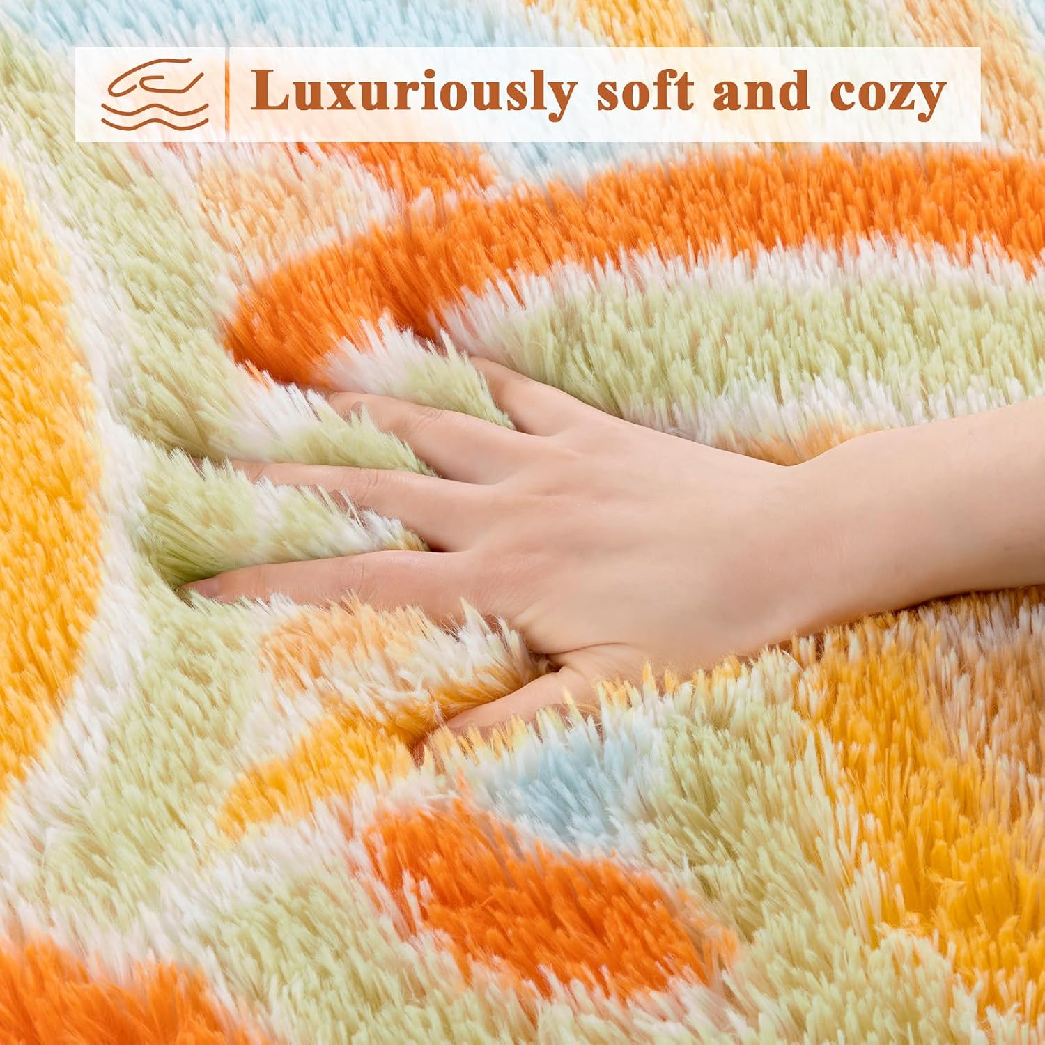Detalle de Enyhom Teppich Wohnzimmer Hochflor Regenbogenmuster, 120 x 160 cm, Orange – rutschfest und waschbar