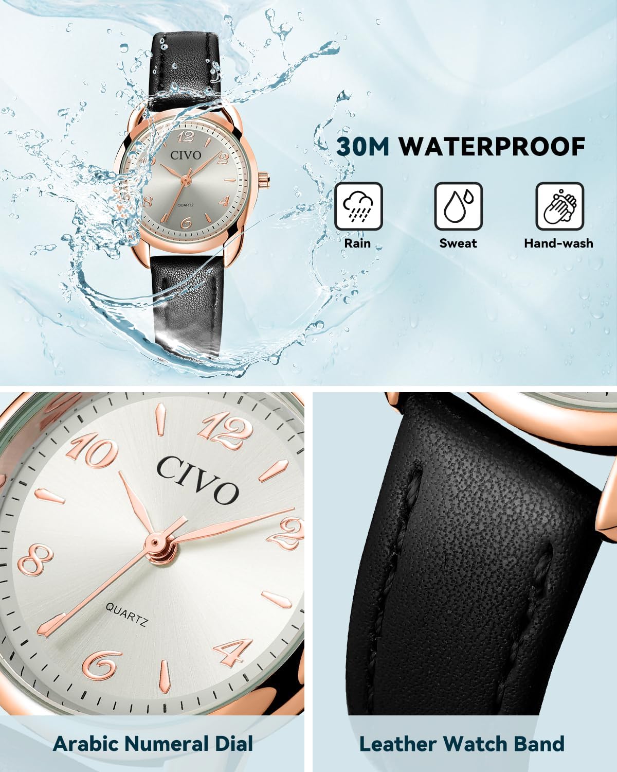 Thumbnail 4 de CIVO Klein Damenarmbanduhr mit Lederarmband – ultradünn, analog, 3ATM wasserdicht