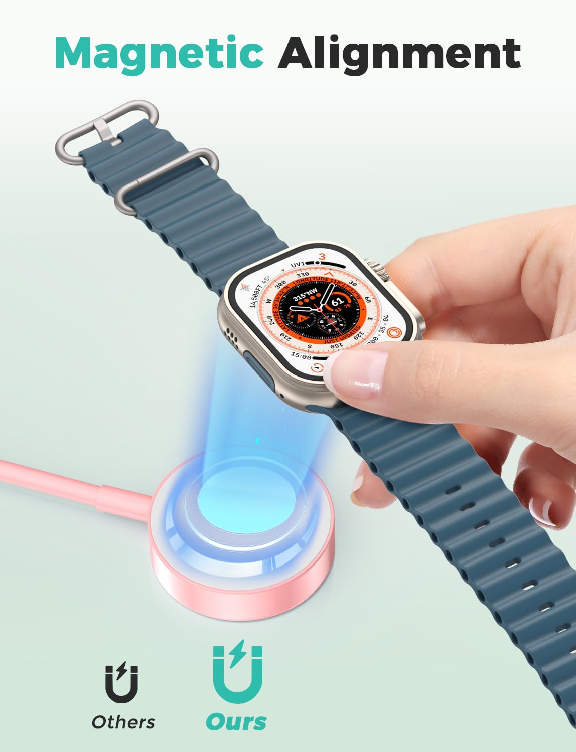 Detalle de Amasuki USB‑C Ladekabel für Apple Watch (magnetisch) – Schnellladen & Reisekabel, kompatibel mit iWatch Series 11 bis 1, Ultra/SE (rosa)