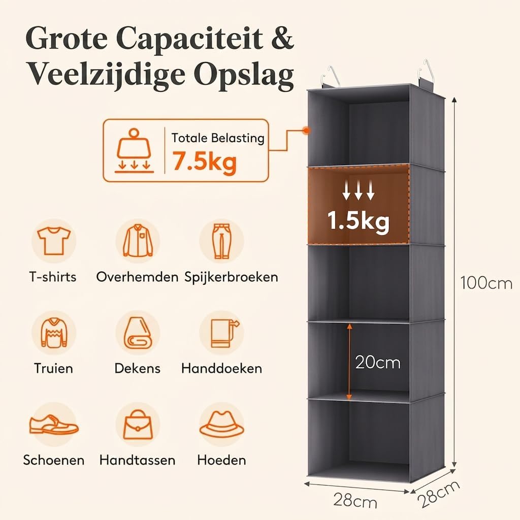 Detalle de Lifewit LF230212 hangende kastorganizer met 5 vakken, opvouwbaar